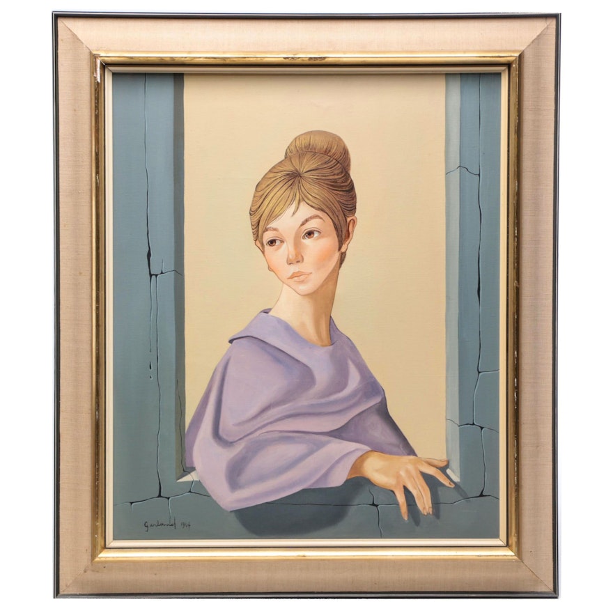 Garland 1964 Portrait Oil Painting of Woman in Window