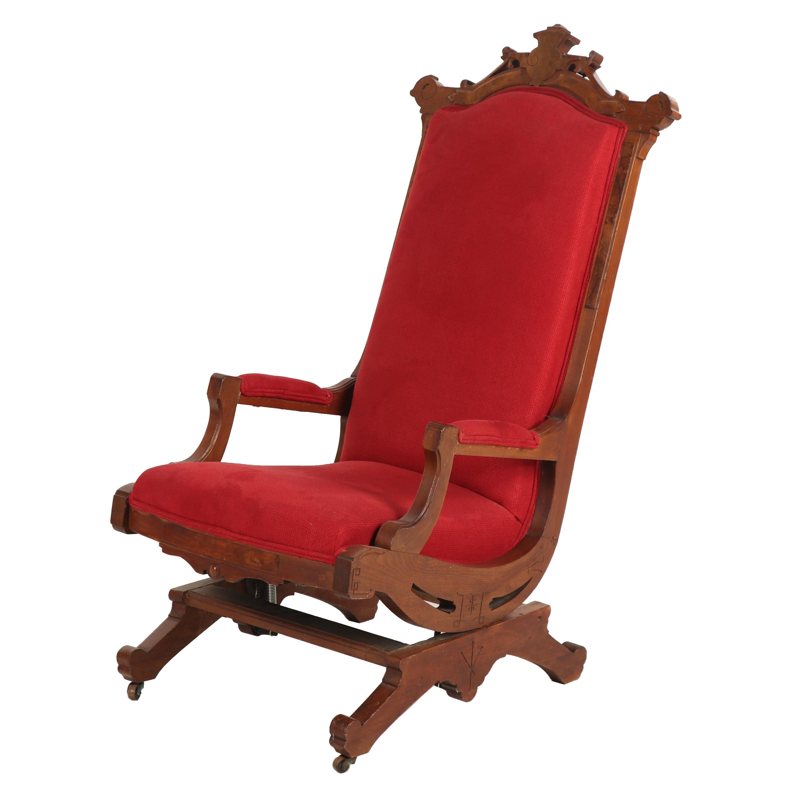 Victorian, Eastlake Style Walnut Upholstered Platform Rocking Chair, Circa 1890