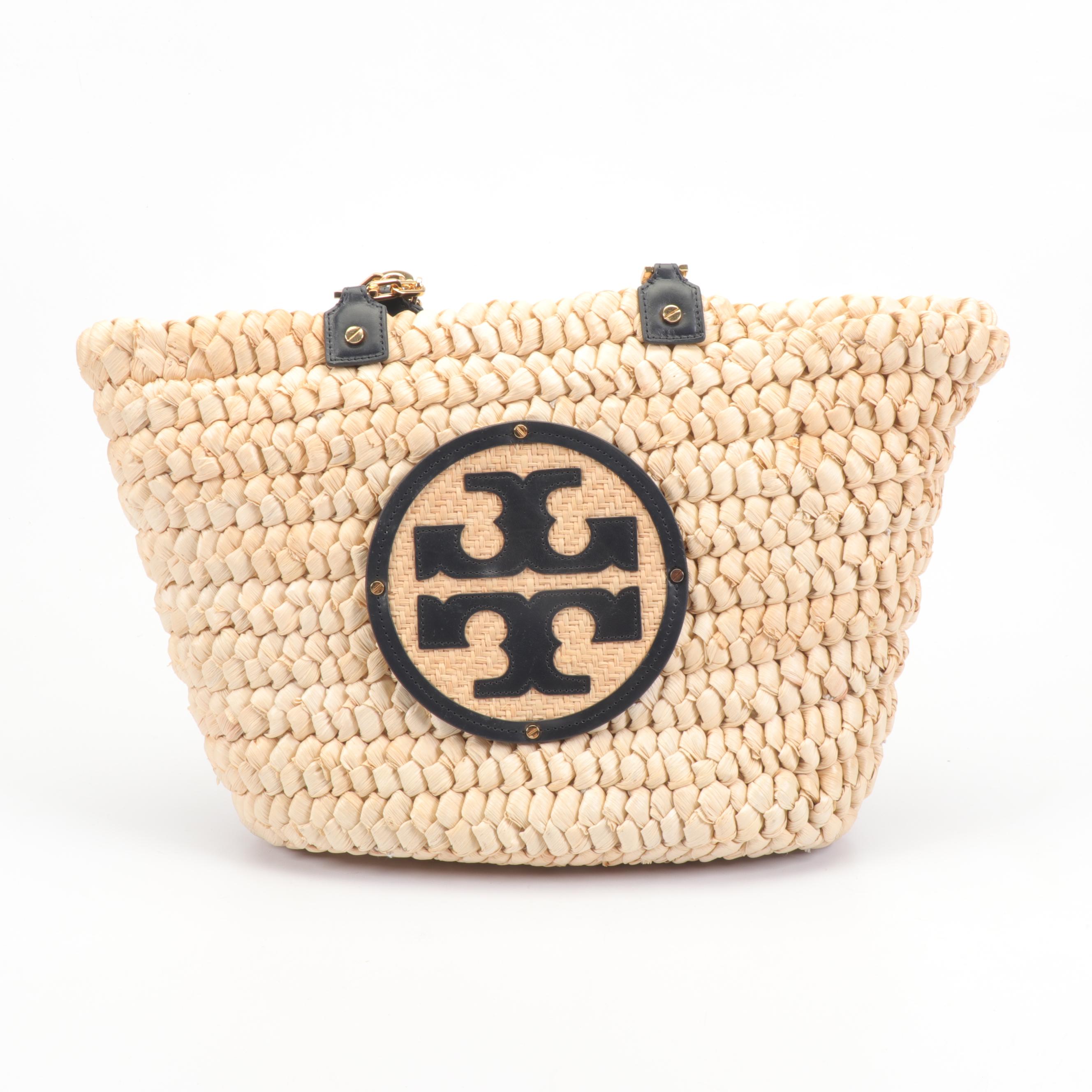 Tory Burch Audrey Woven Straw and Black Leather Tote