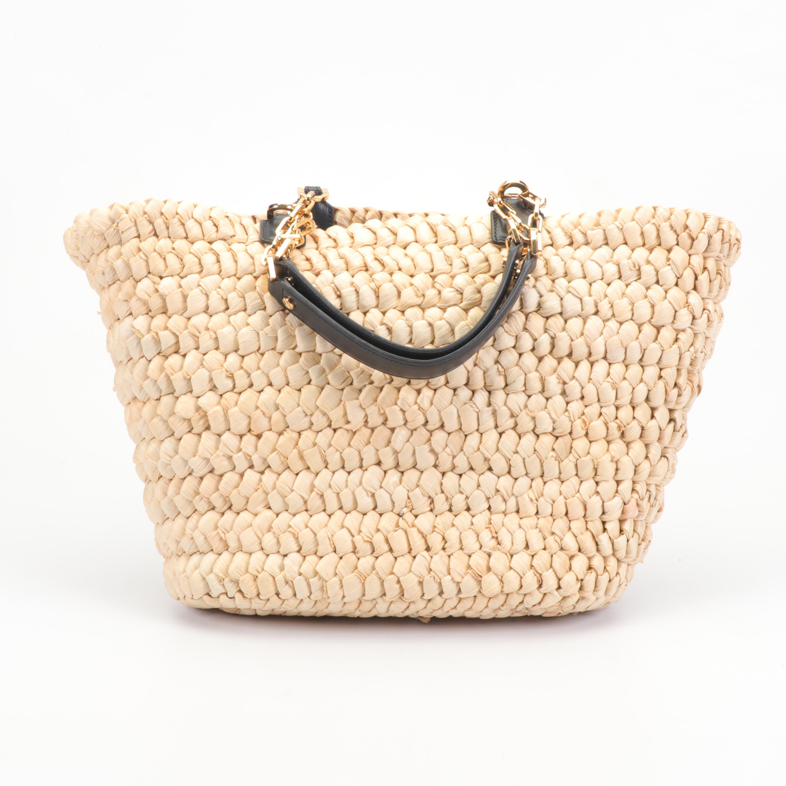 Tory Burch Audrey Woven Straw and Black Leather Tote