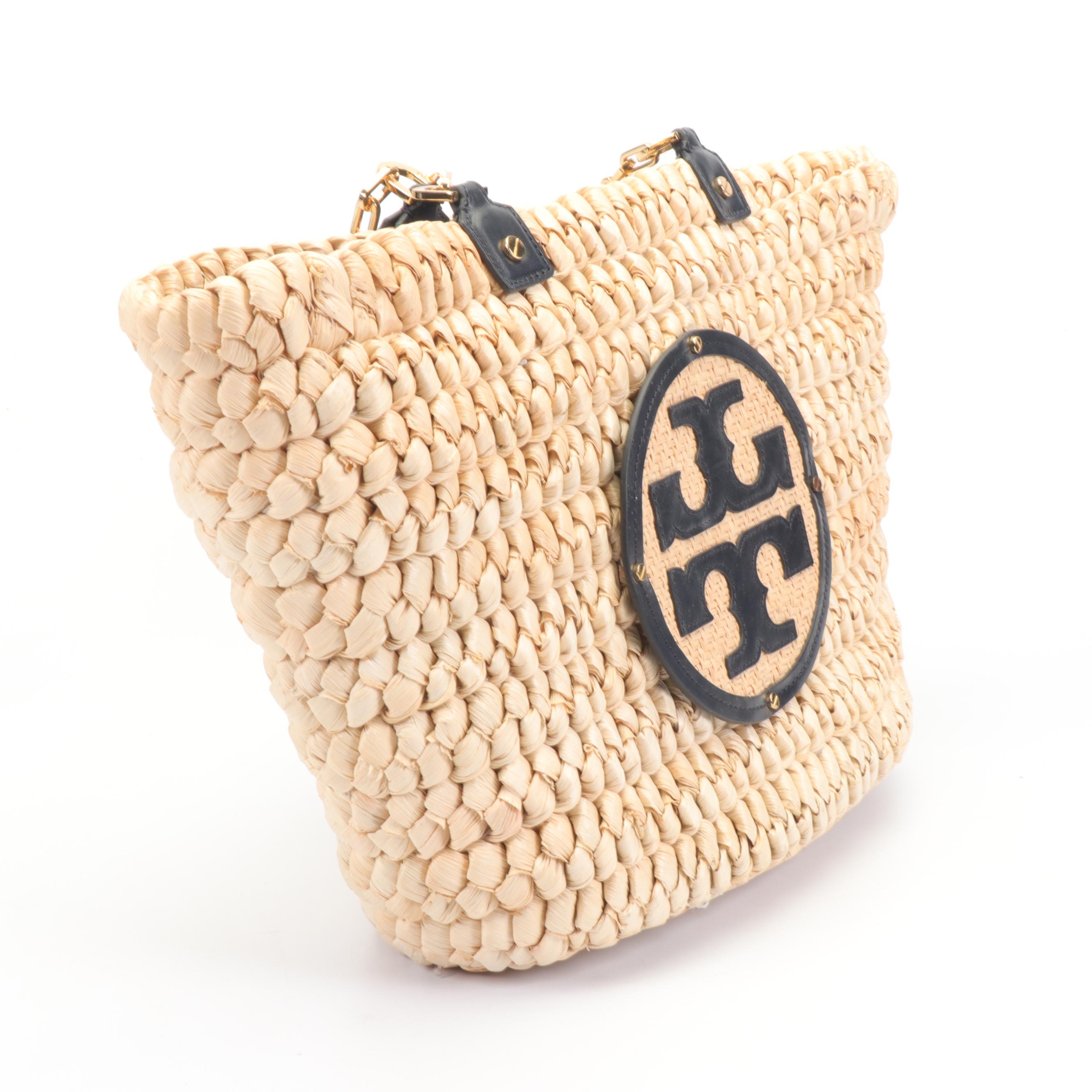 Tory Burch Audrey Woven Straw and Black Leather Tote