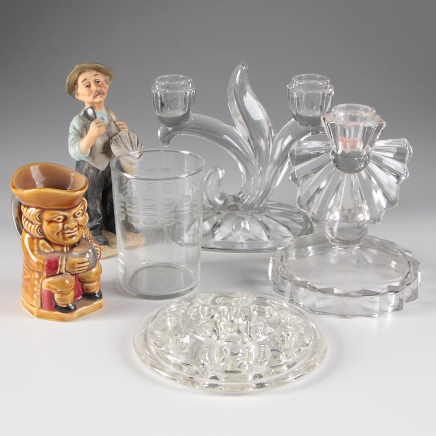 Glass Candlestick Holders, Flower Frog, Ceramic Figurine, and More