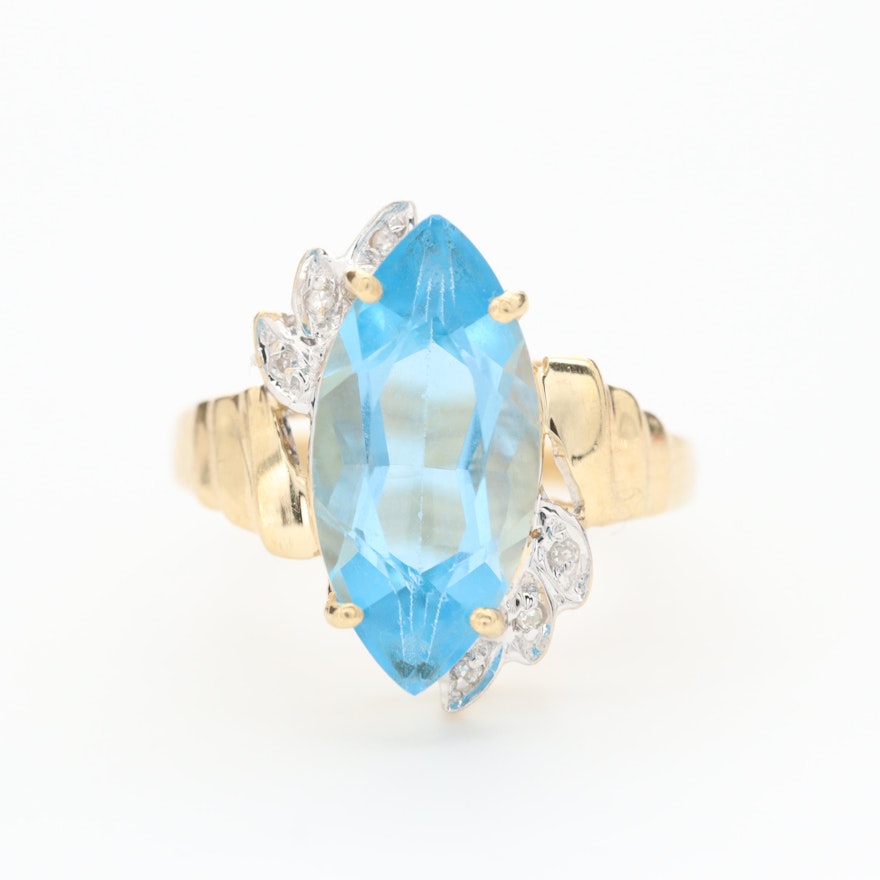 14K Yellow Gold Blue Topaz and Diamond Ring