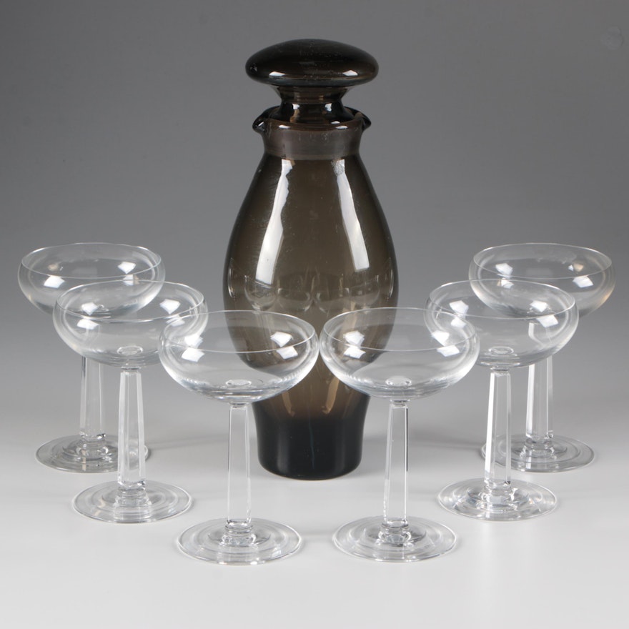 Libbey "American Prestige" Champagne Coupes and a Double Spout Decanter