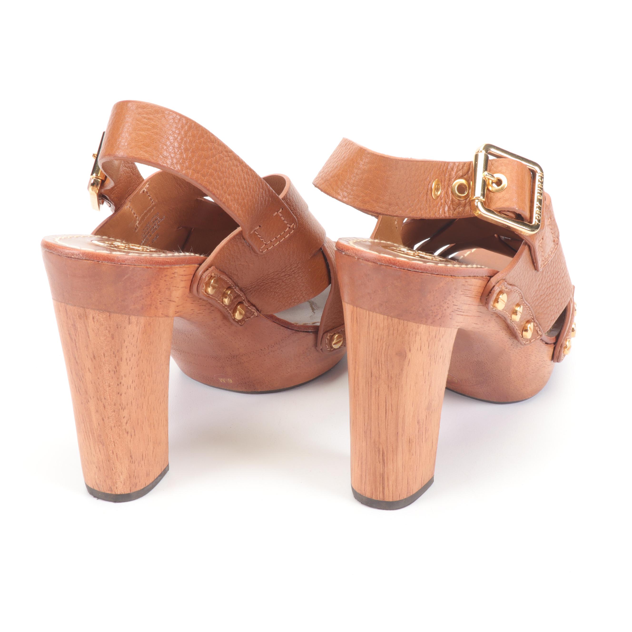 Tory Burch Wooden and Woven Leather High-Heeled Sandals with Studs