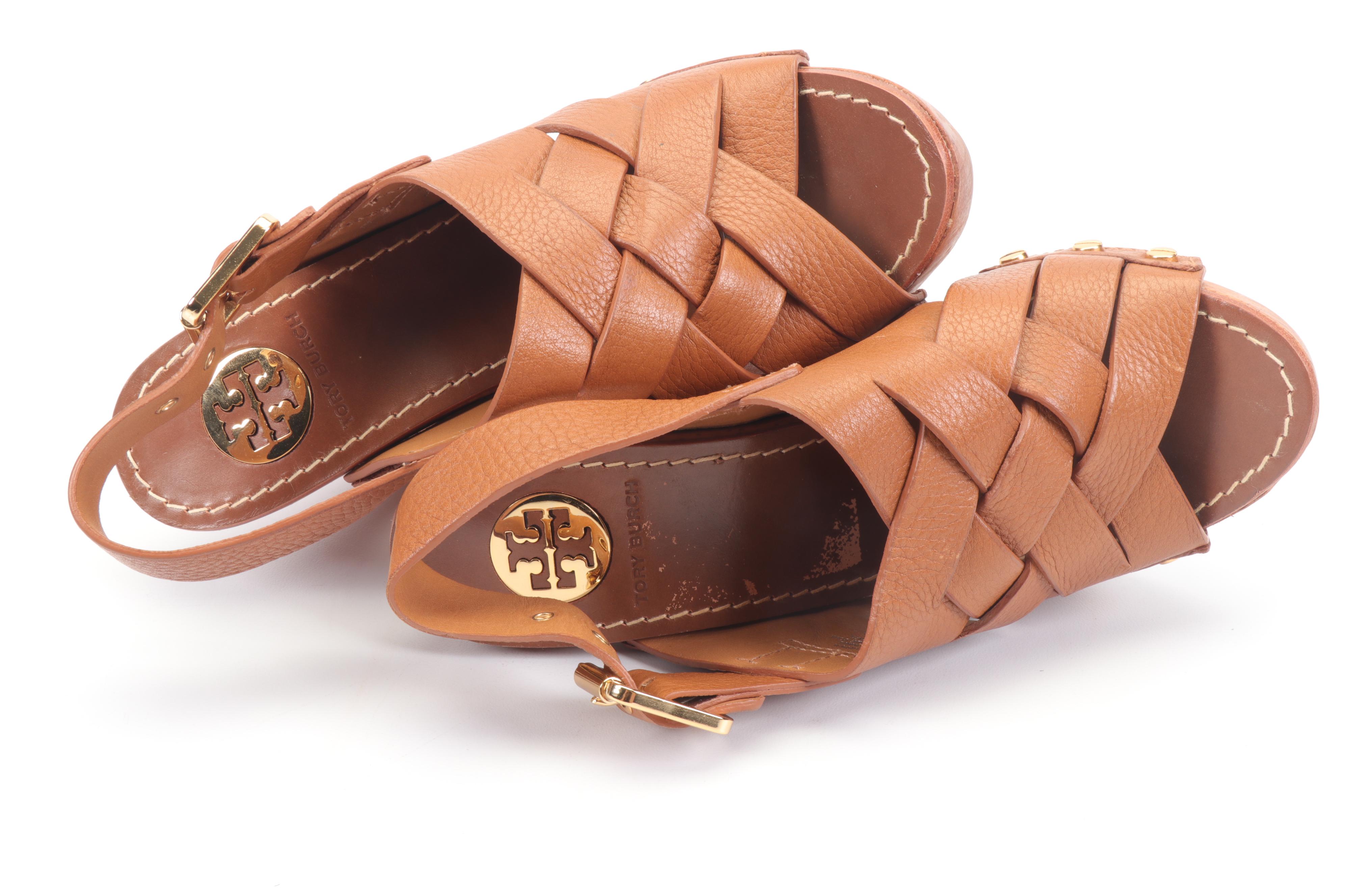 Tory Burch Wooden and Woven Leather High-Heeled Sandals with Studs