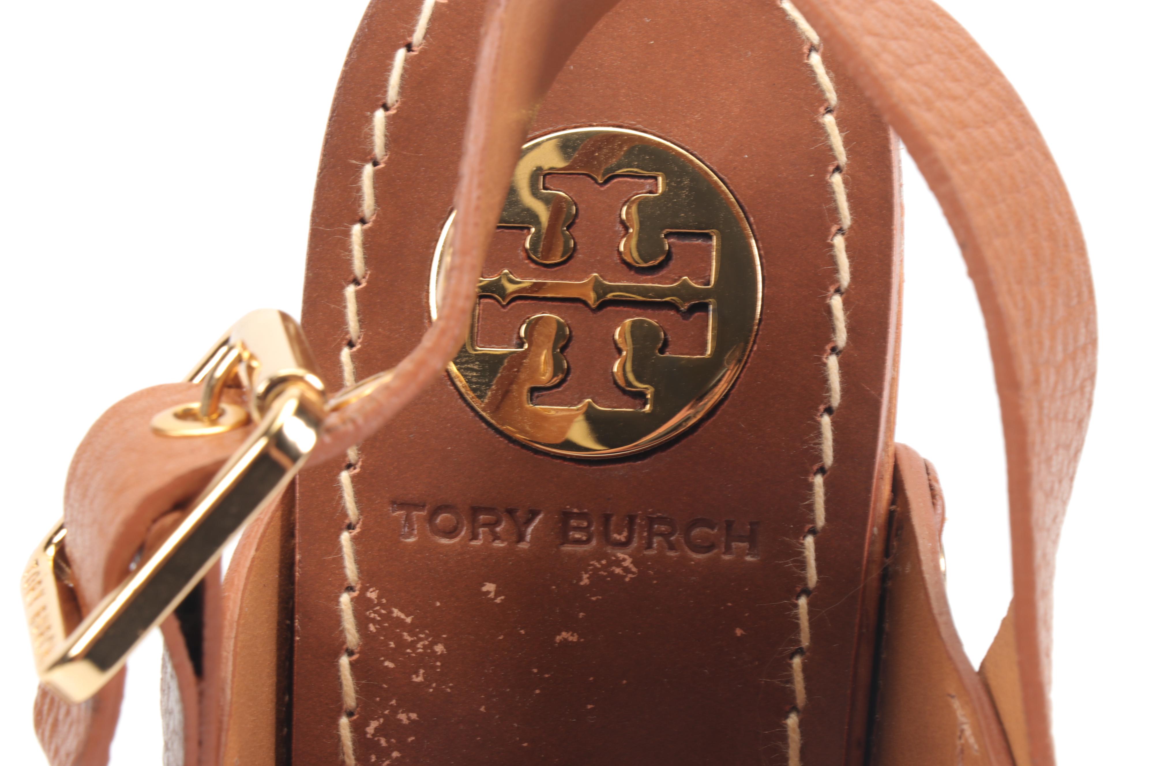Tory Burch Wooden and Woven Leather High-Heeled Sandals with Studs