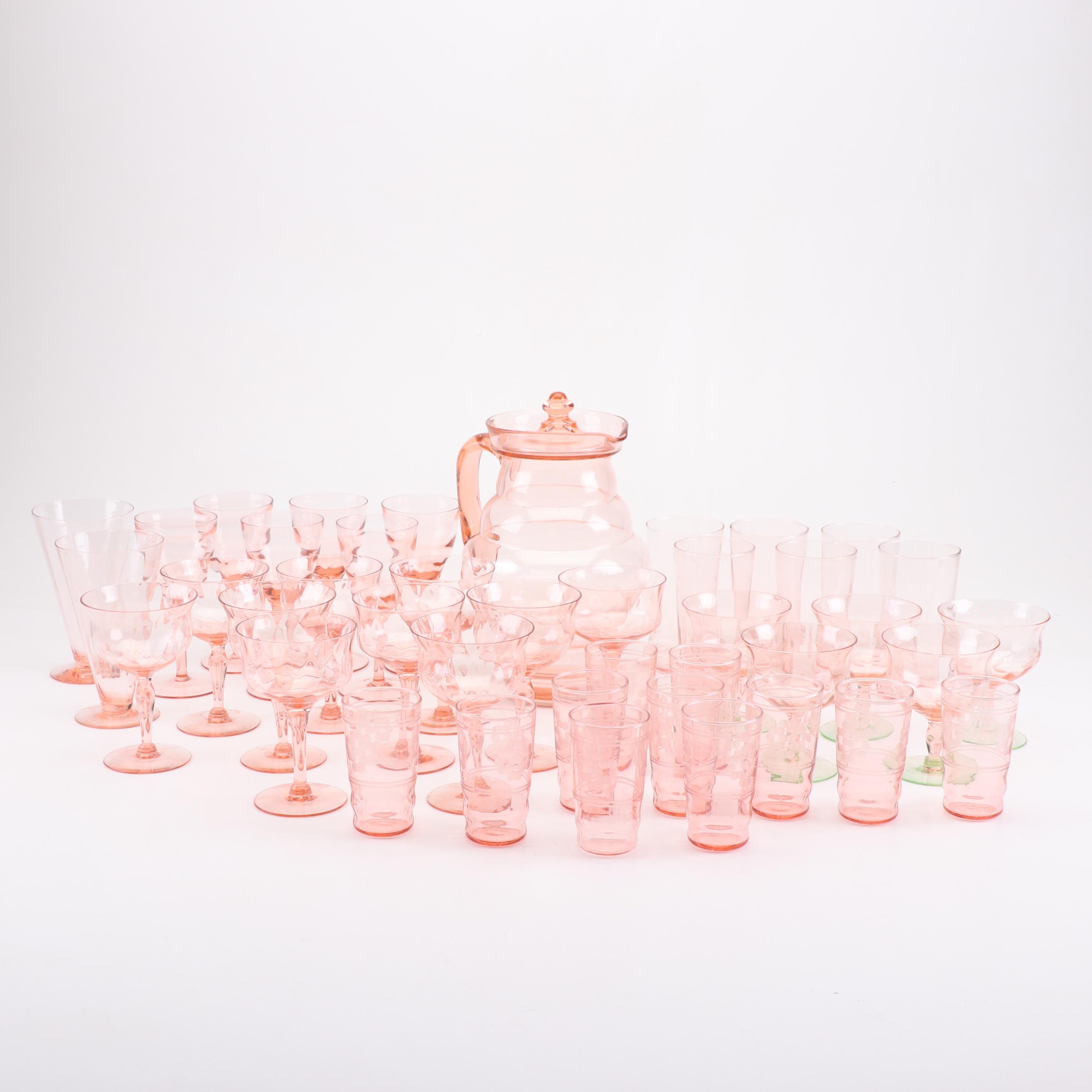 Pink Depression Glass Stemware, Tumblers and Pitcher, Mid-Century