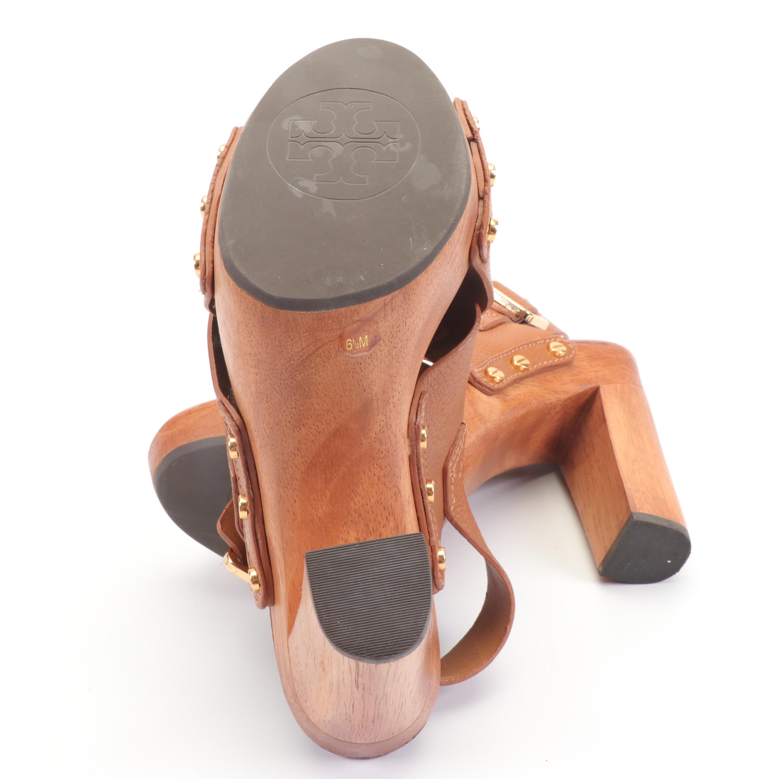 Tory Burch Wooden and Woven Leather High-Heeled Sandals with Studs