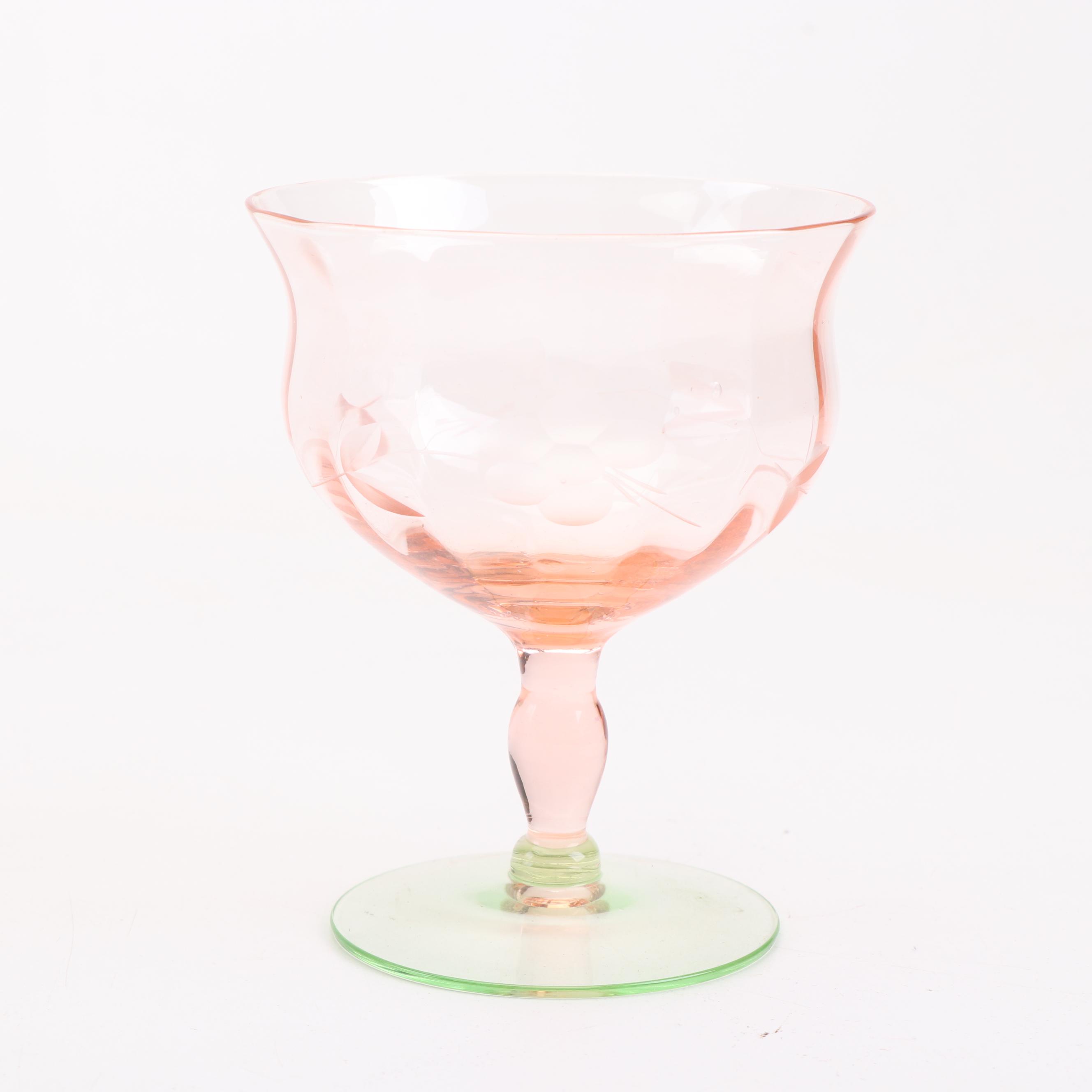 Pink Depression Glass Stemware, Tumblers and Pitcher, Mid-Century