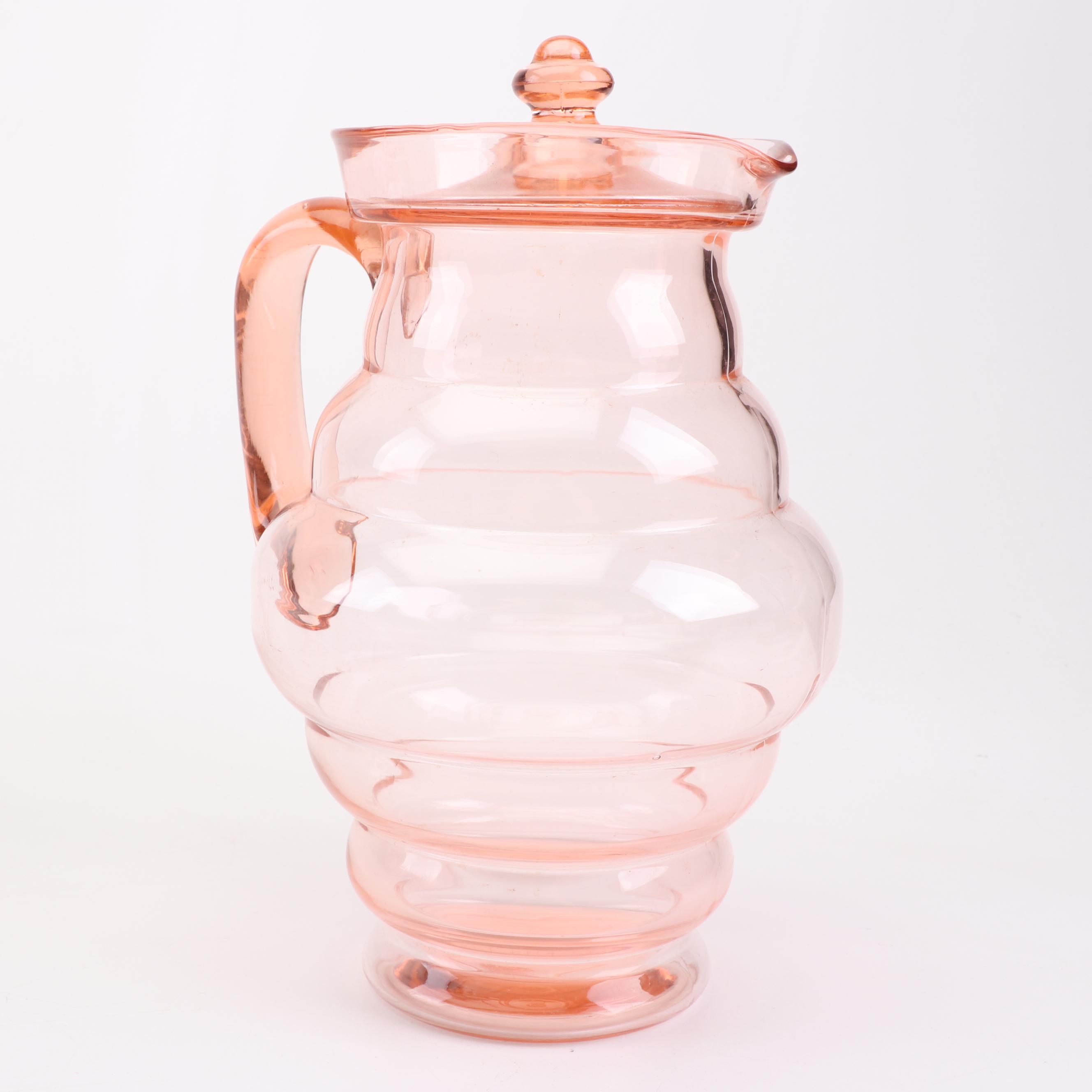 Pink Depression Glass Stemware, Tumblers and Pitcher, Mid-Century