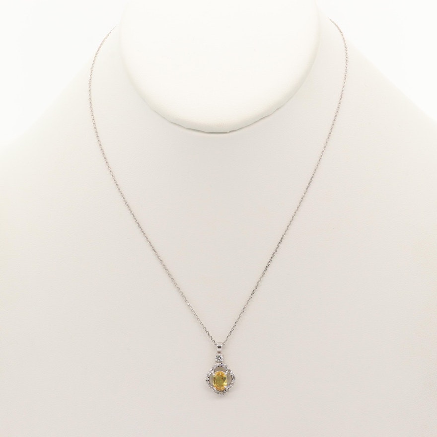 14K and 18K White Gold Yellow Sapphire and Diamond Pendant Necklace