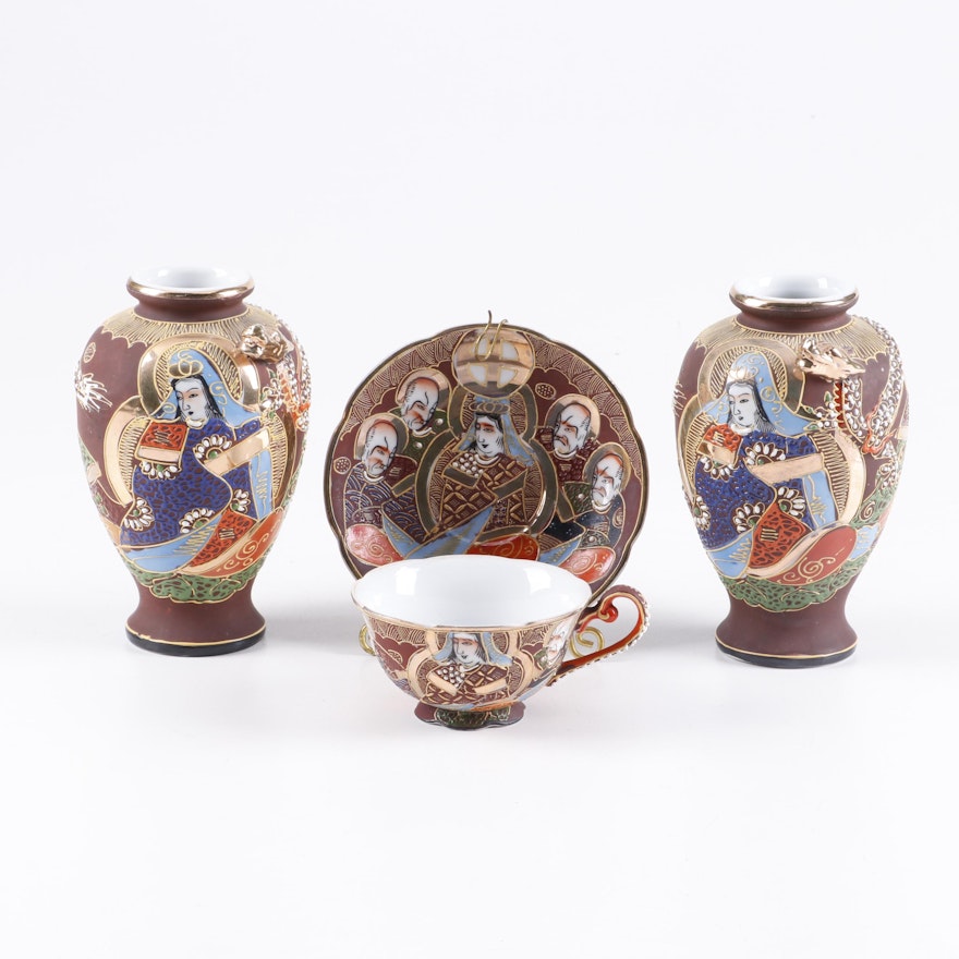 Shofu Japan Slip Trailed and Gold Enameled Porcelain Teacup, Saucer, and Vases