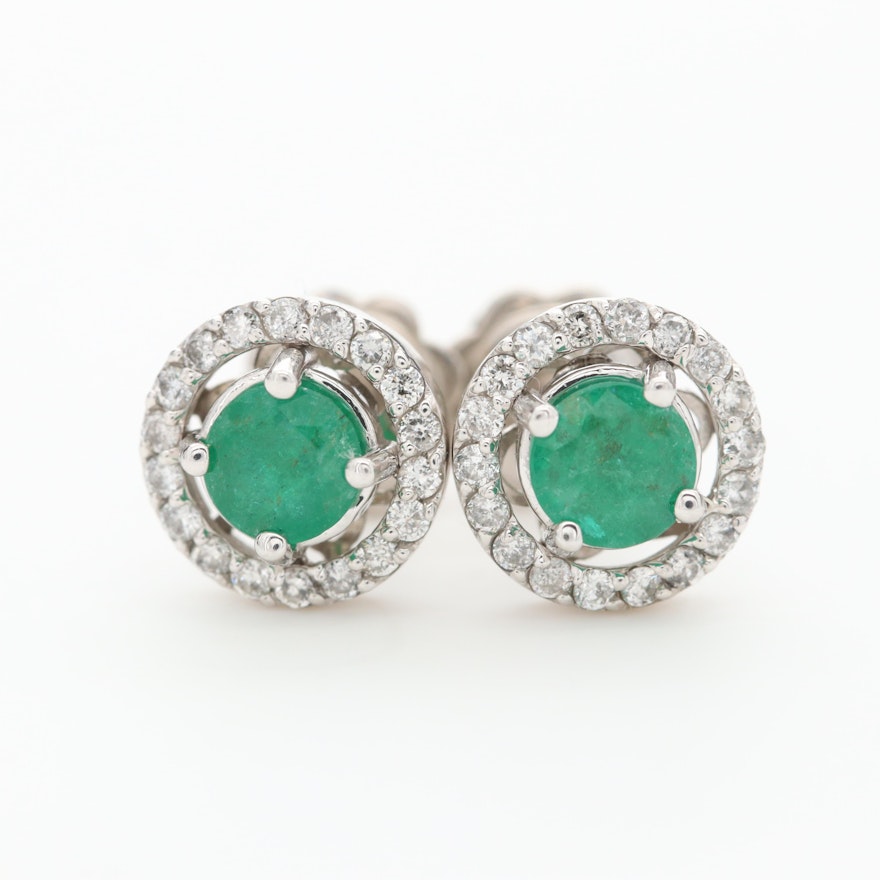 14K White Gold Emerald and Diamond Stud Earrings