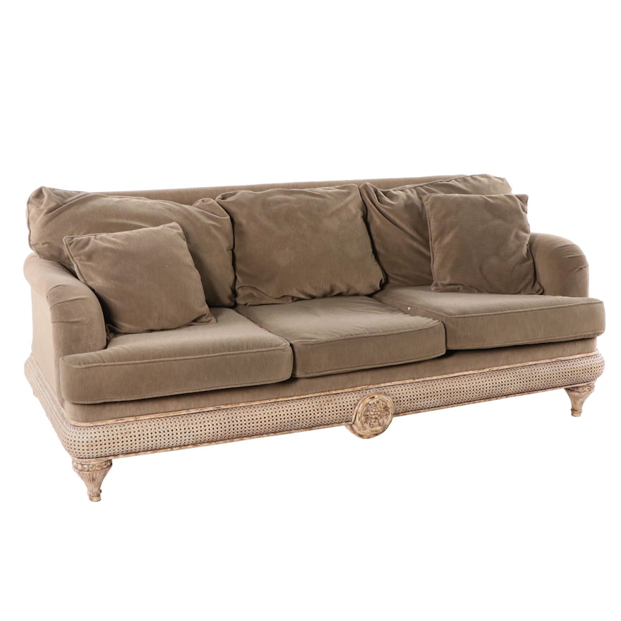 Olive Velveteen Sofa With Painted Cane Accents By Acacia Home and Garden