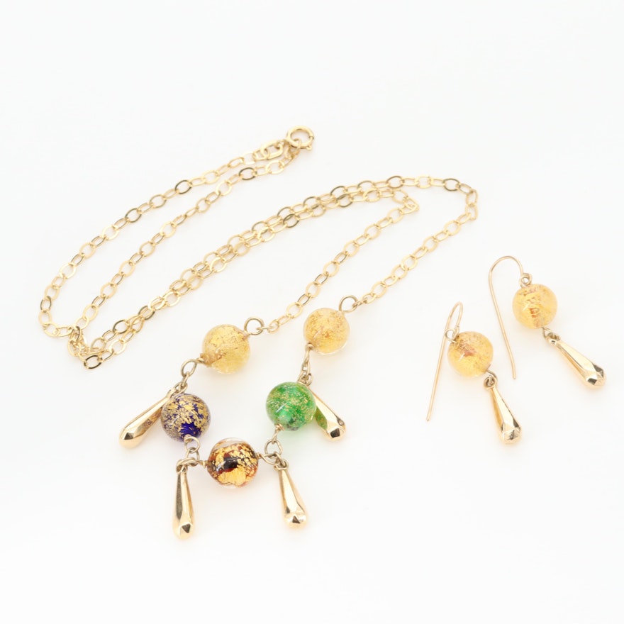 14K Yellow Gold Glass Necklace and Earrings Set