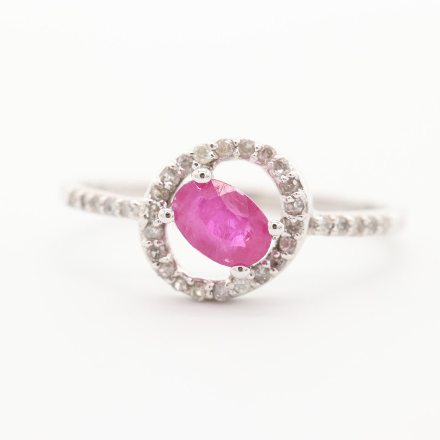 10K White Gold Ruby with Diamond Ring