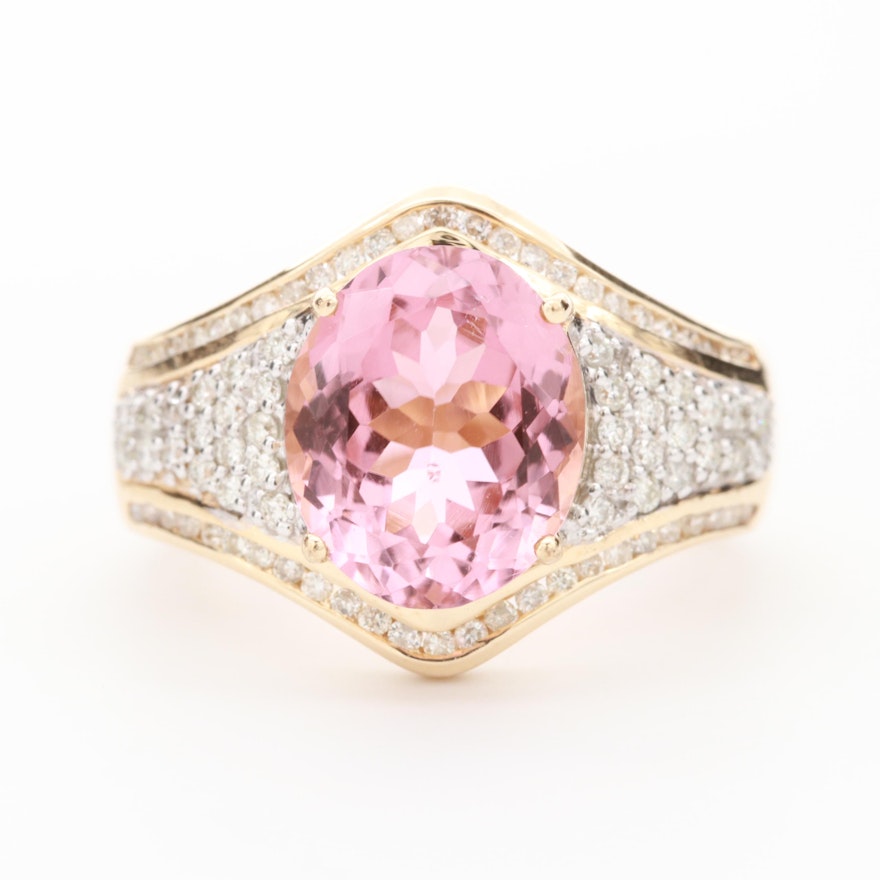 14K Yellow Gold 3.13 CT Pink Tourmaline and Diamond Ring