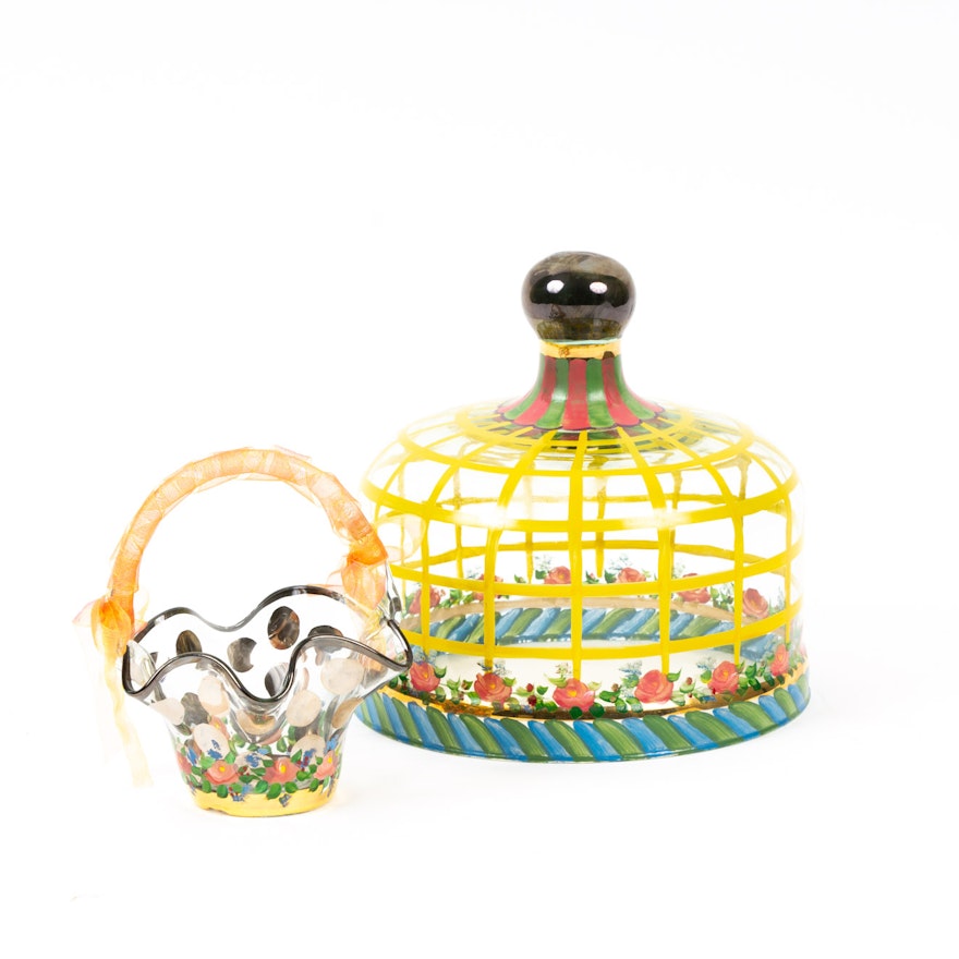 MacKenzie-Childs Glass Cheese Dome and Floral Rose Basket