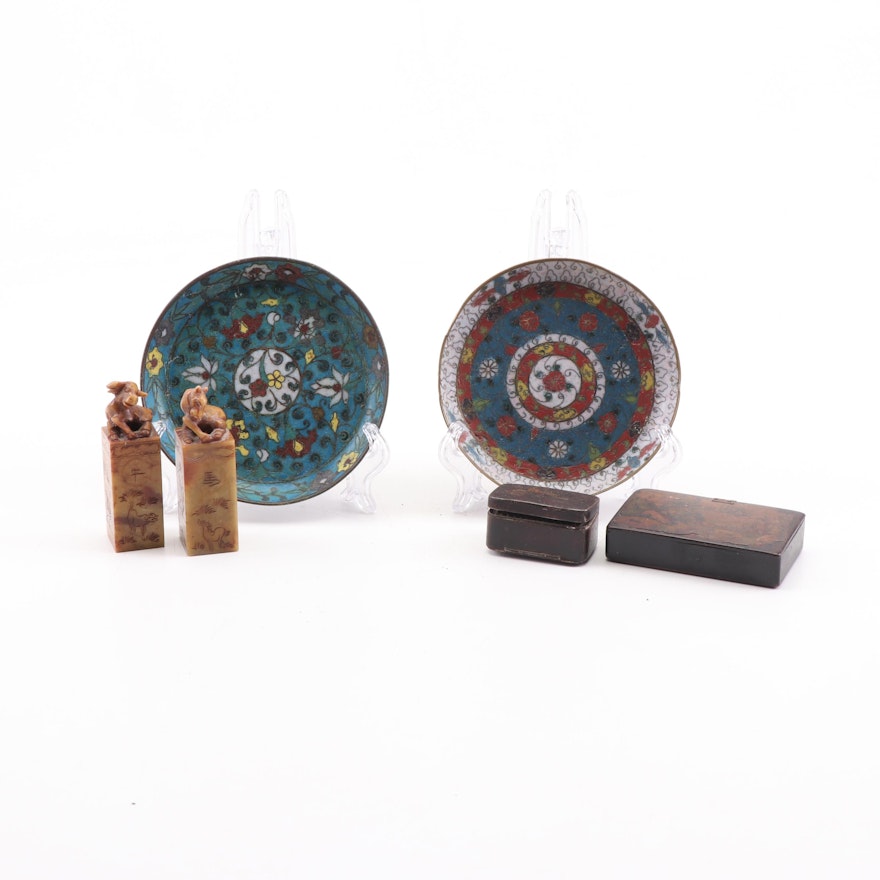 Chinese Soapstone Seals, Cloisonné Dishes and Enameled Boxes