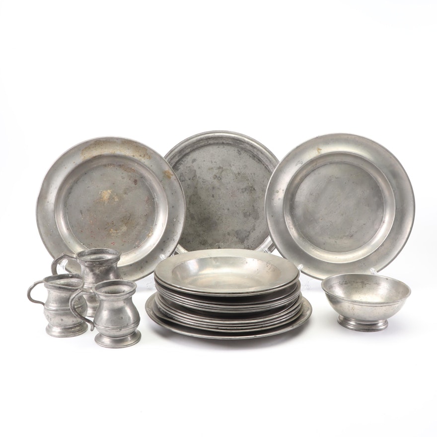 Ironclad HMS Hero Pewter Mess Bowl, 19th C. with Pewter Dinnerware Collection