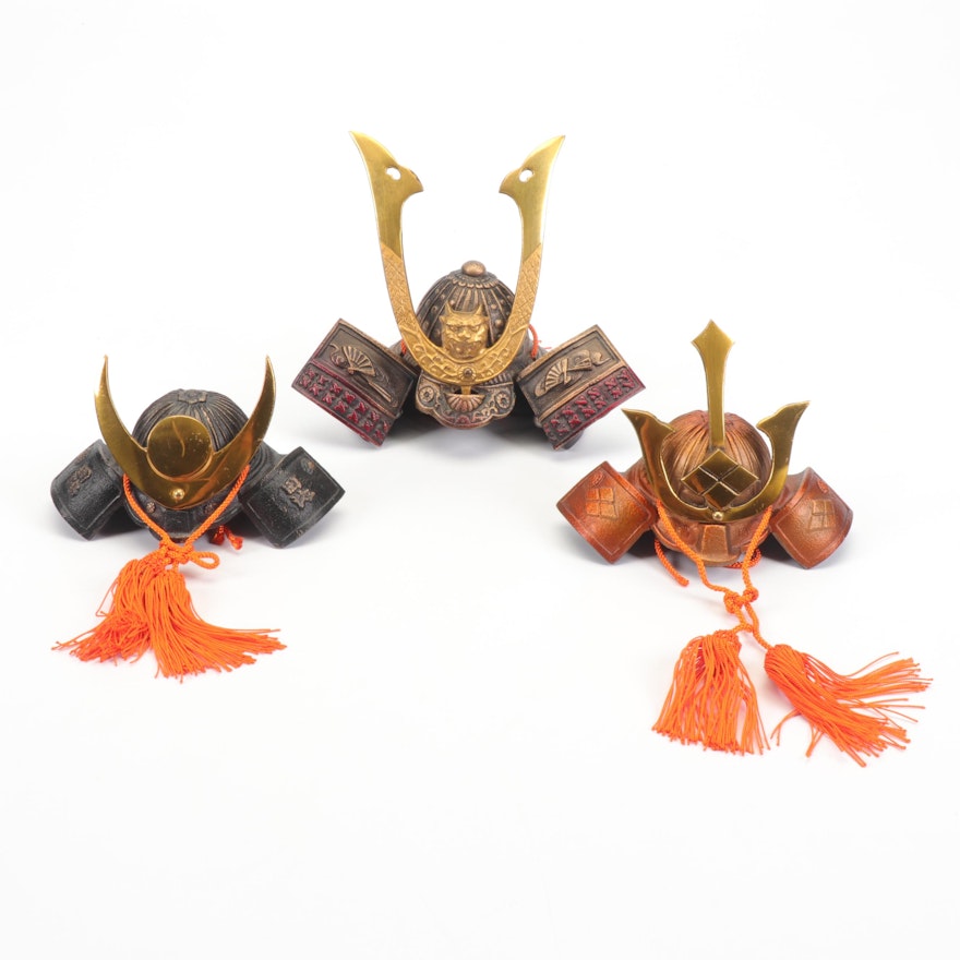Cast-Iron and Brass Japanese Samurai Kabuto Replica Helmet Figurines