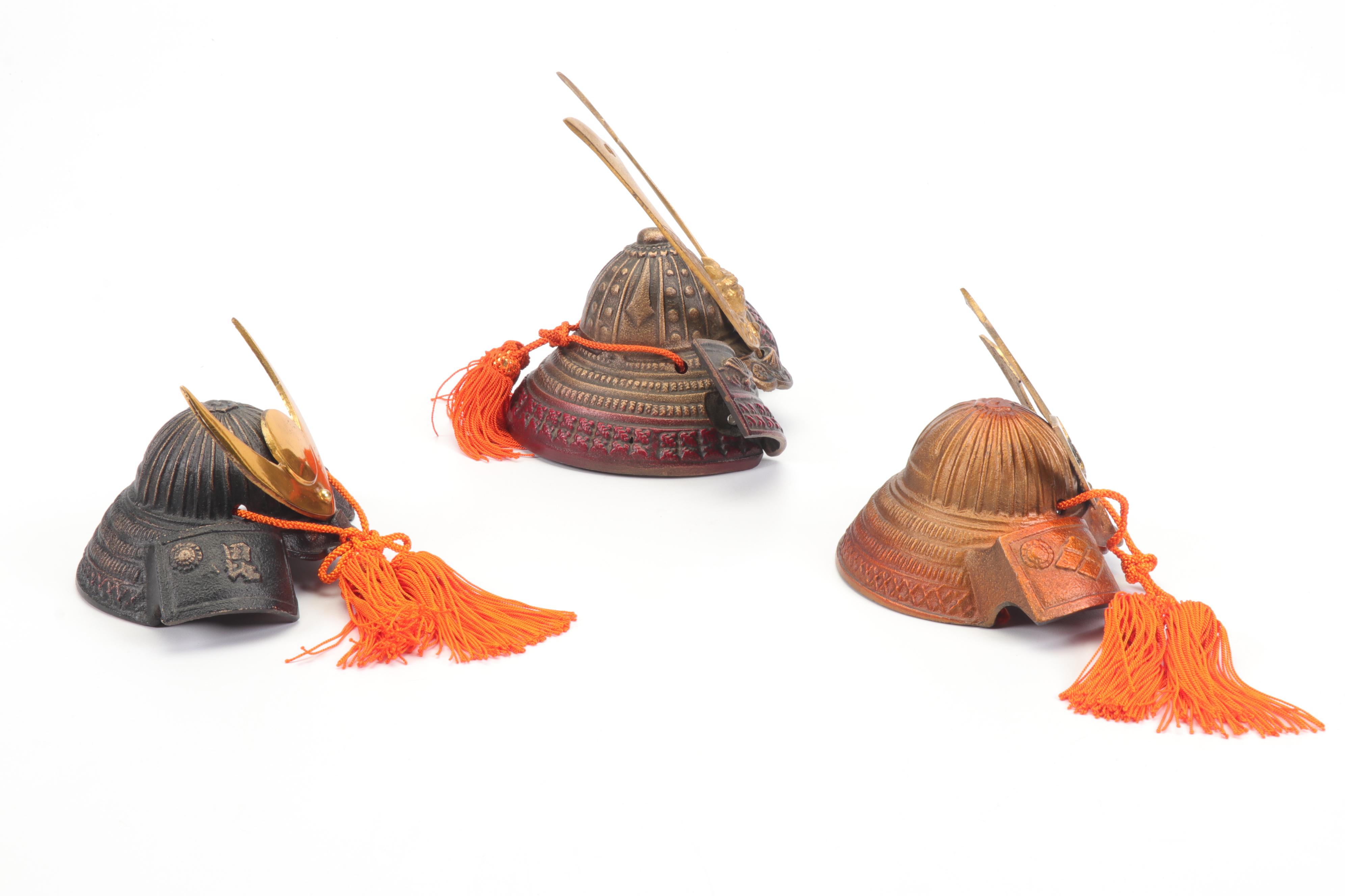 Cast-Iron and Brass Japanese Samurai Kabuto Replica Helmet Figurines