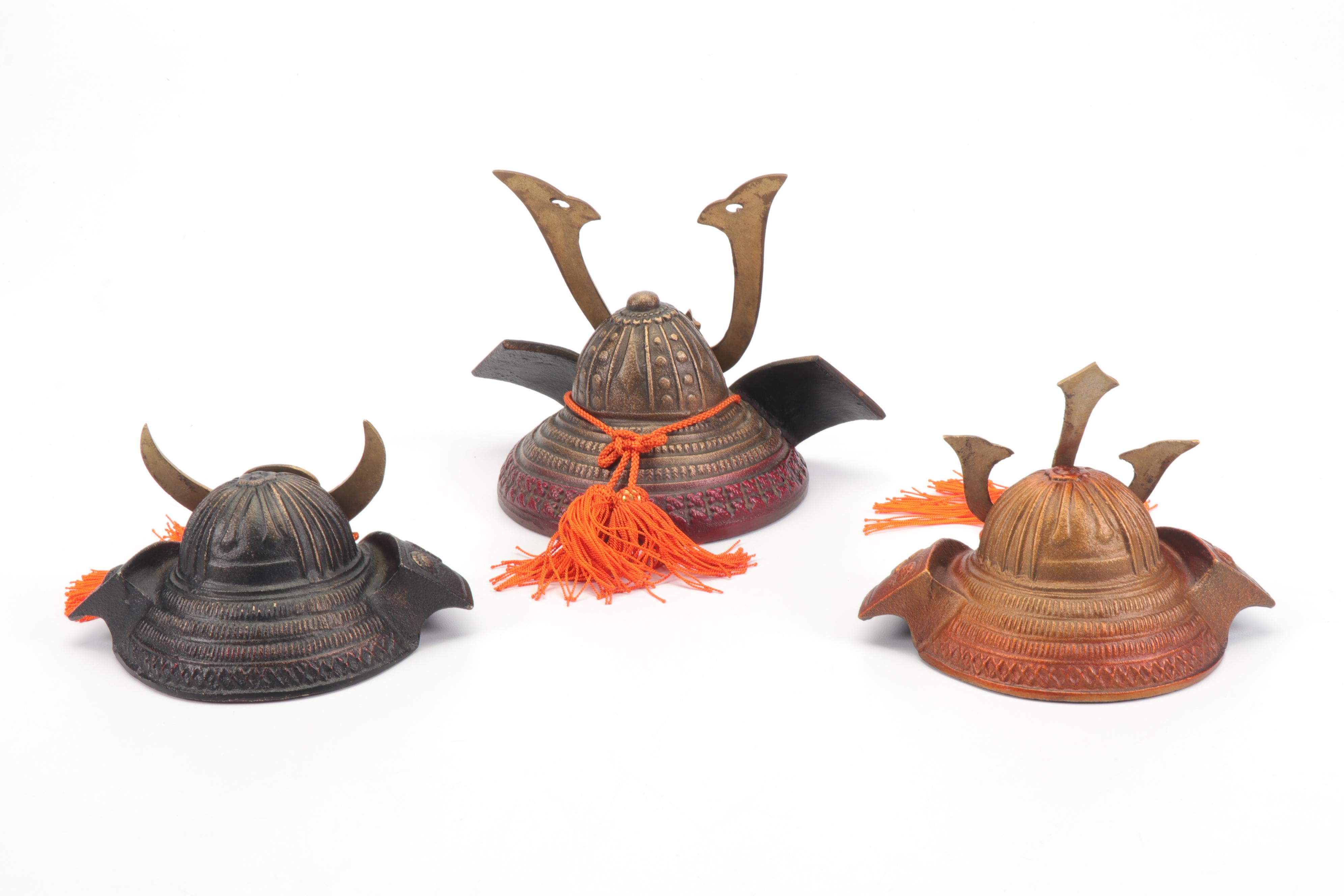 Cast-Iron and Brass Japanese Samurai Kabuto Replica Helmet Figurines