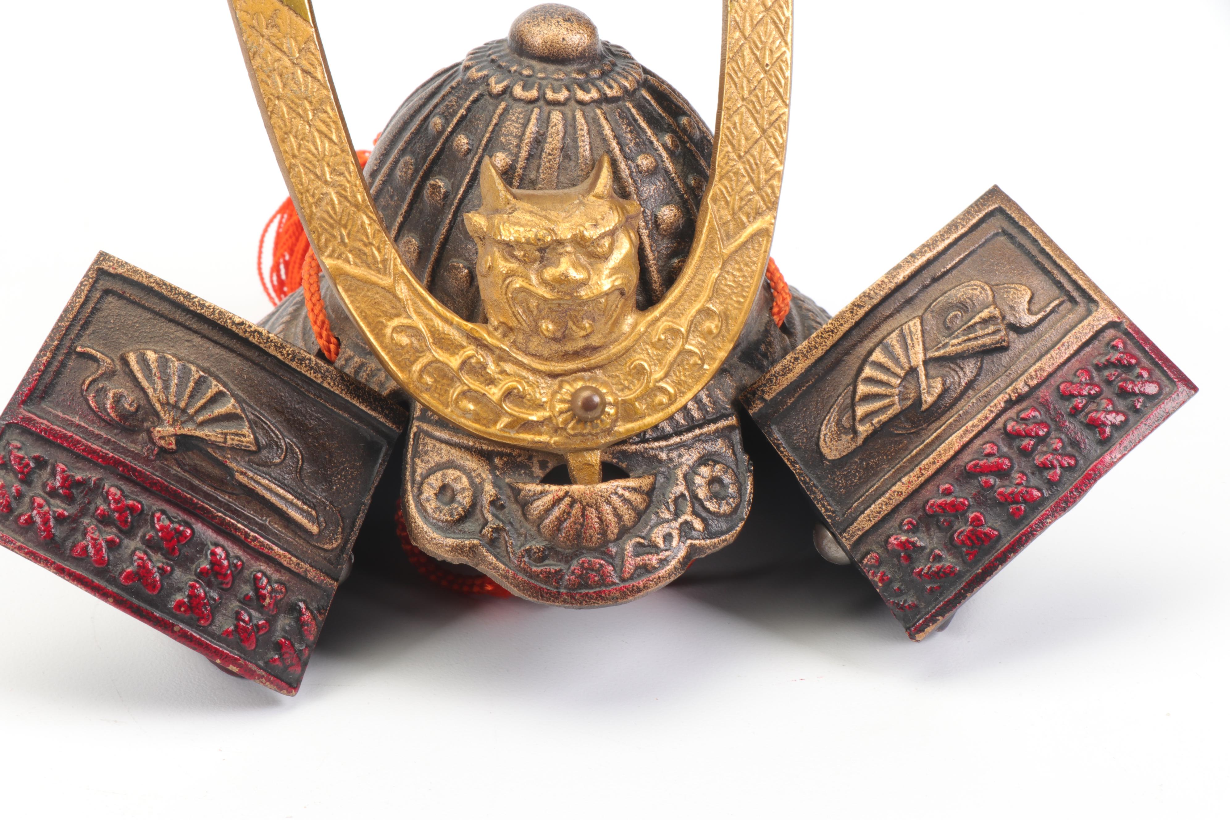 Cast-Iron and Brass Japanese Samurai Kabuto Replica Helmet Figurines