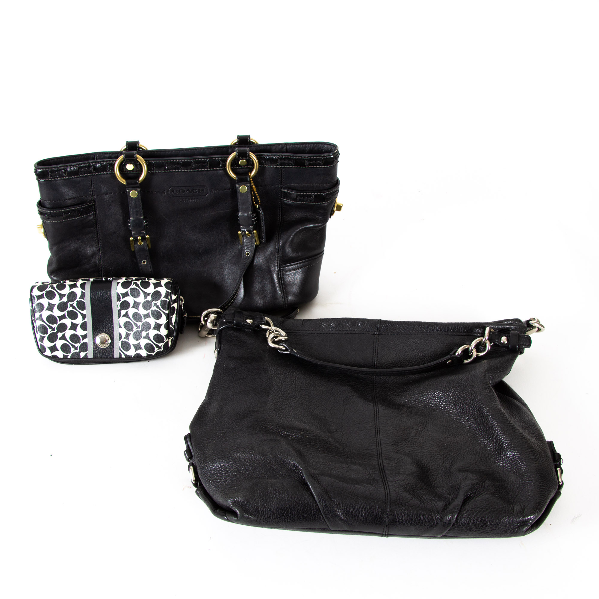 Coach Leather Gallery Tote, Brooke Leather Hobo Bag, and Signature Print Pouch