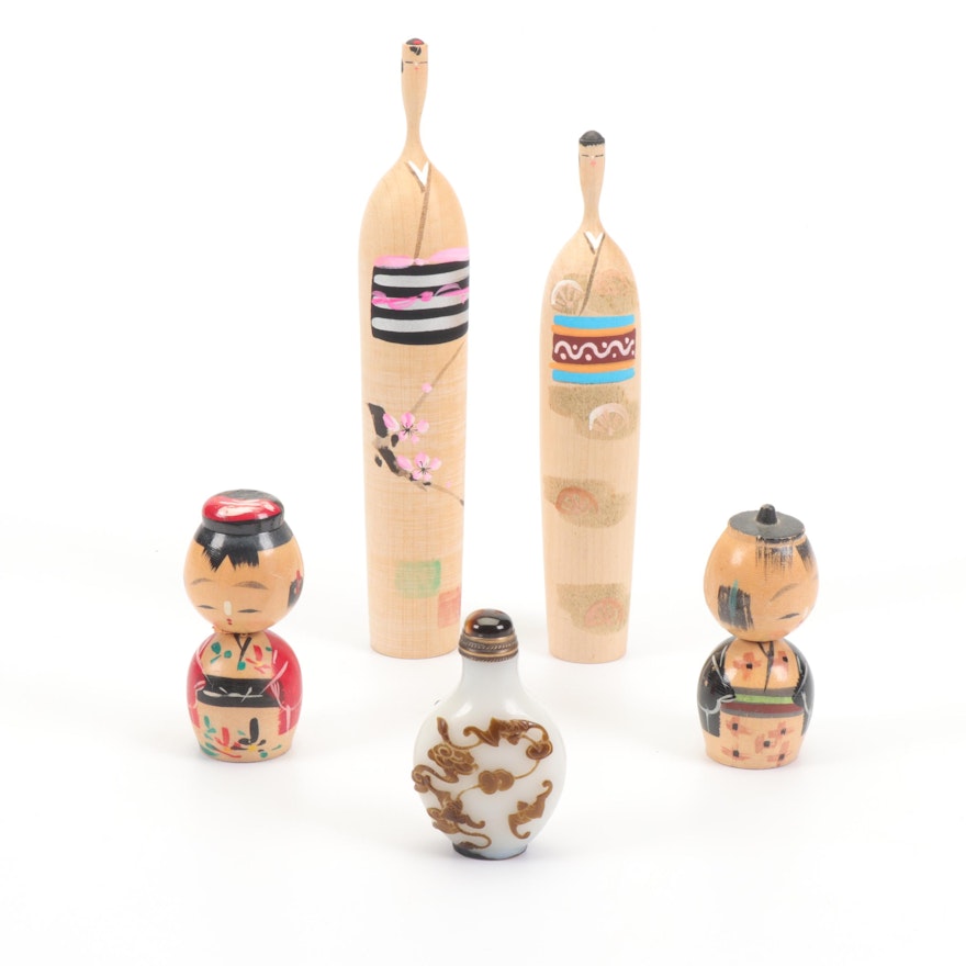 Japanese Wooden Kokeshi Dolls with Chinese Peking Glass Snuff Bottle