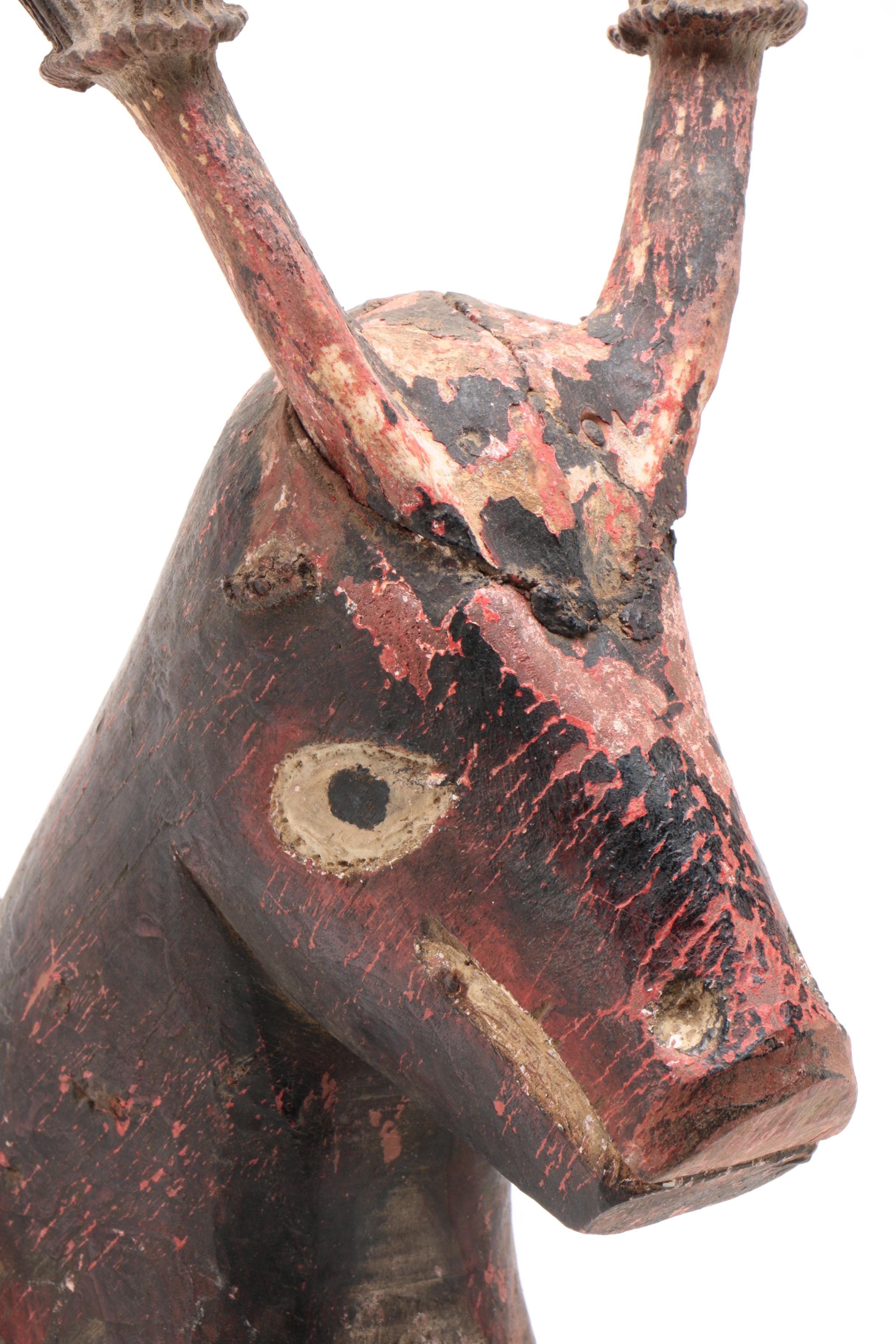 American Folk Art Carved Wood Deer Head with Applied Antlers