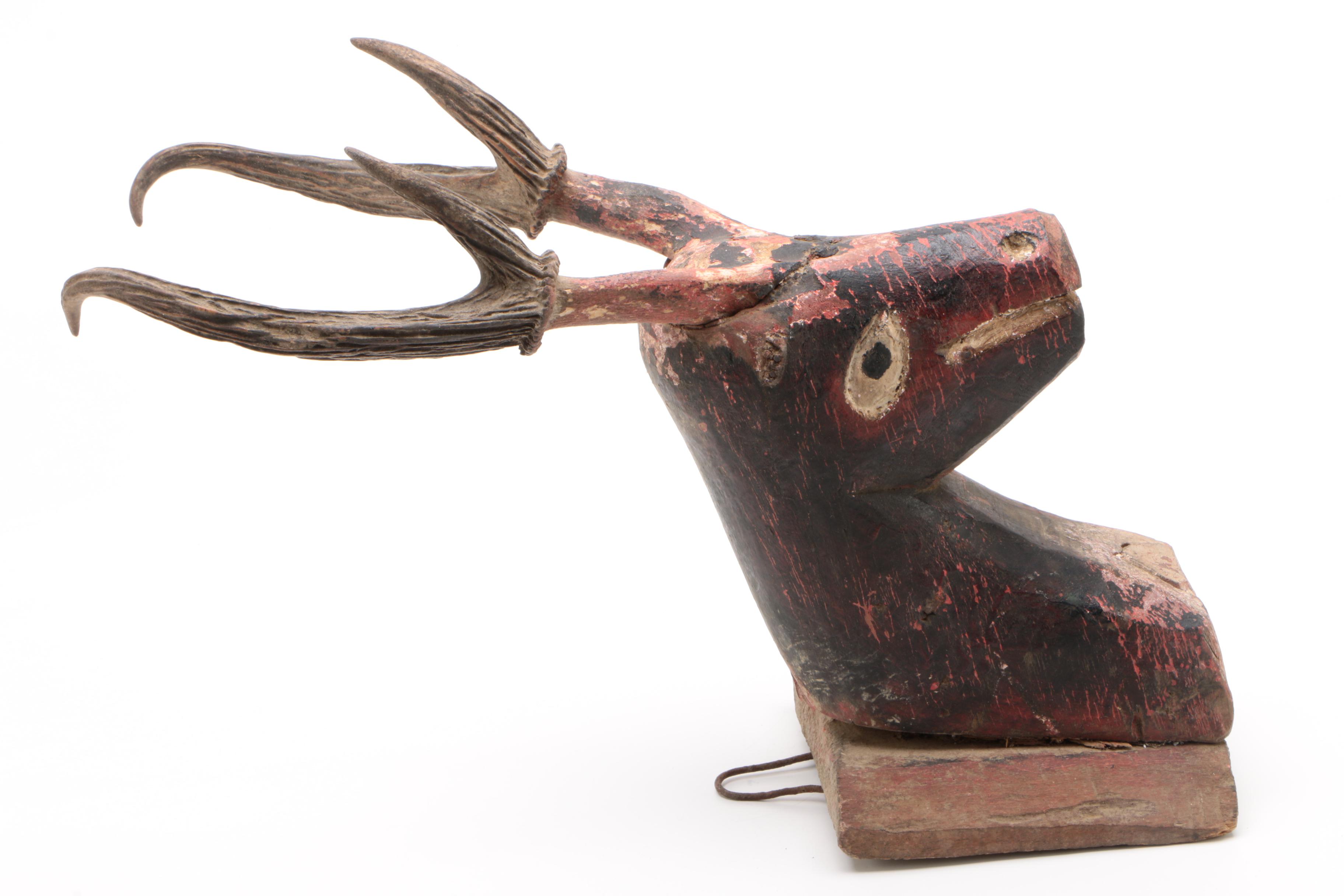 American Folk Art Carved Wood Deer Head with Applied Antlers