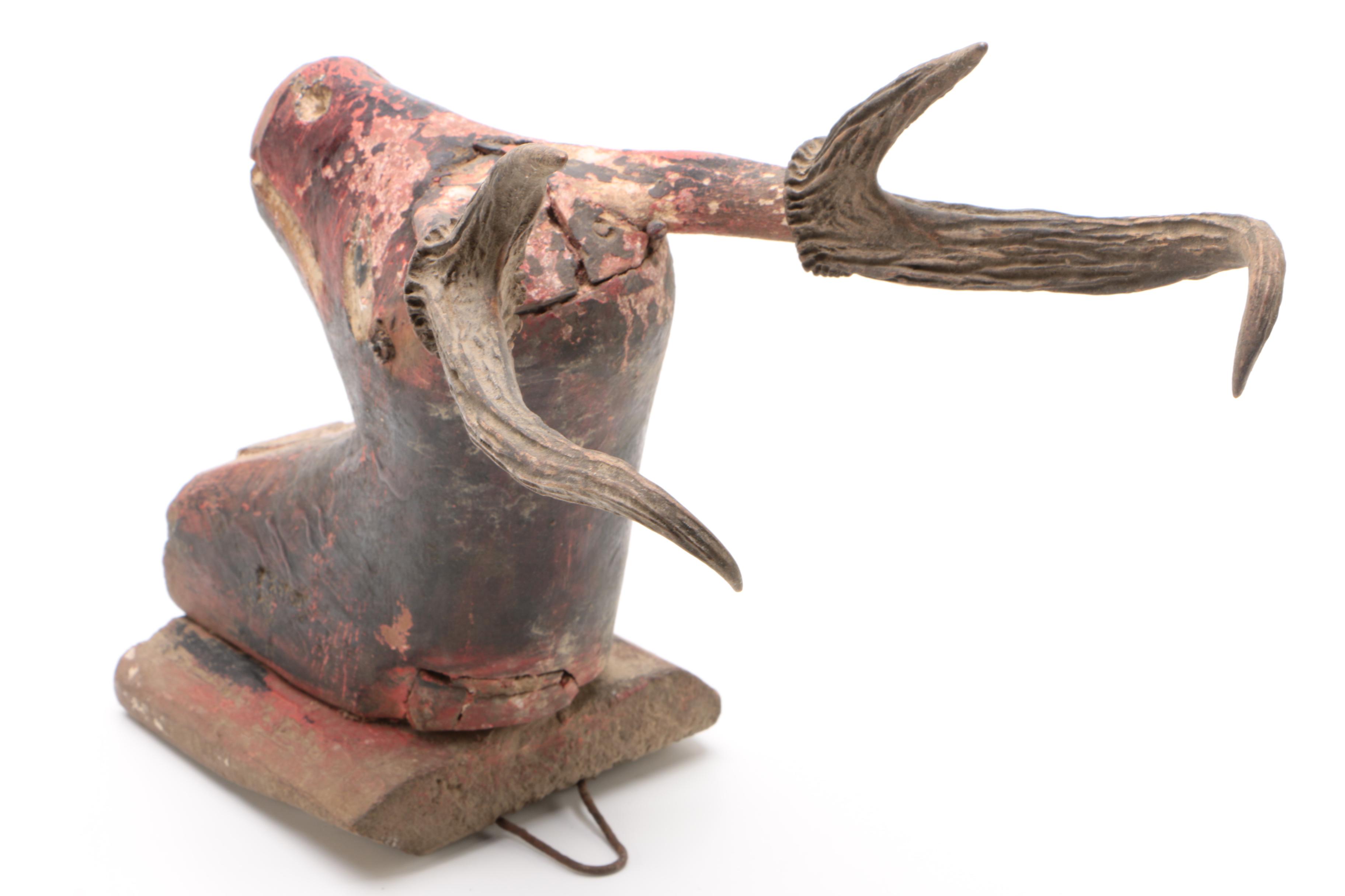 American Folk Art Carved Wood Deer Head with Applied Antlers