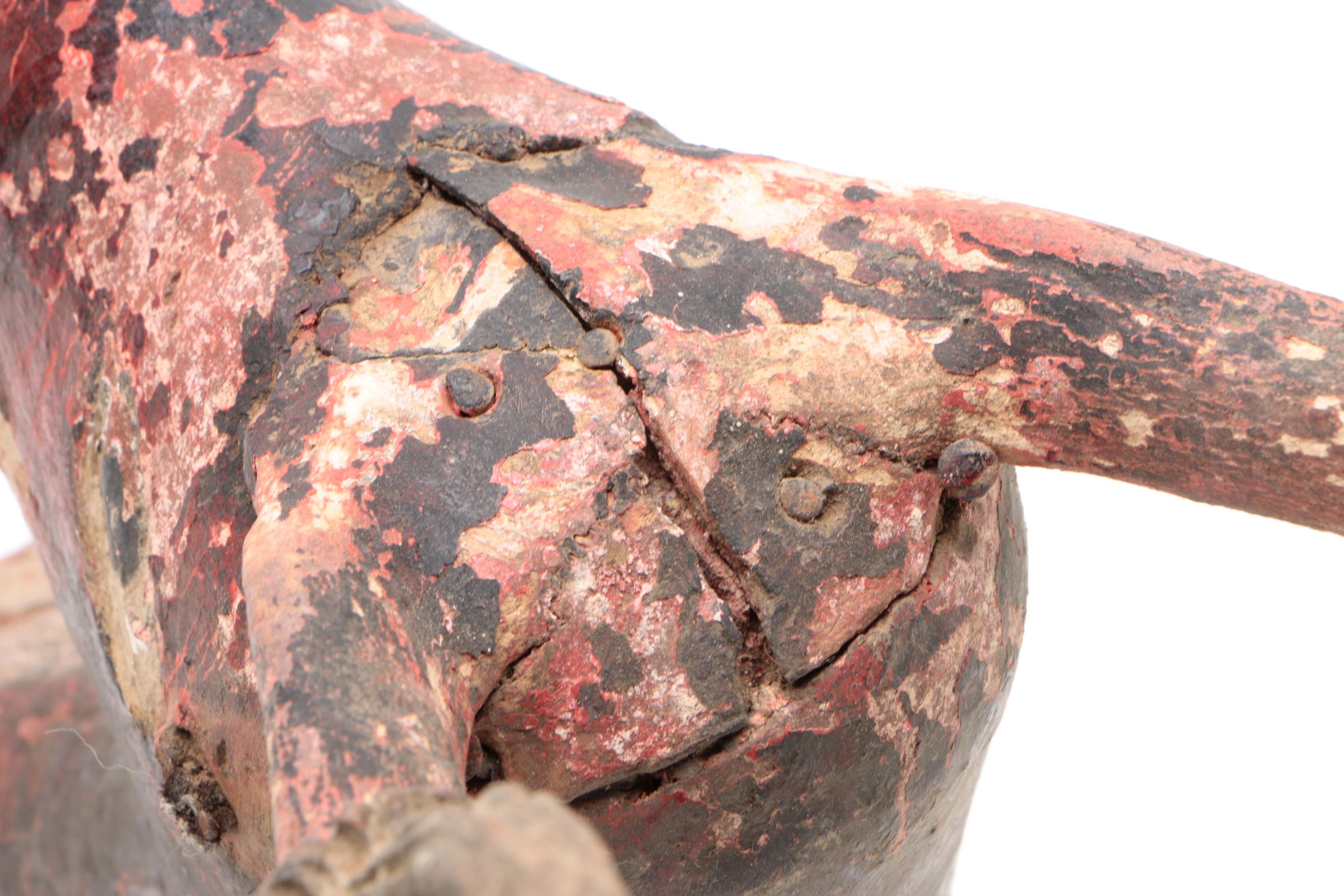 American Folk Art Carved Wood Deer Head with Applied Antlers