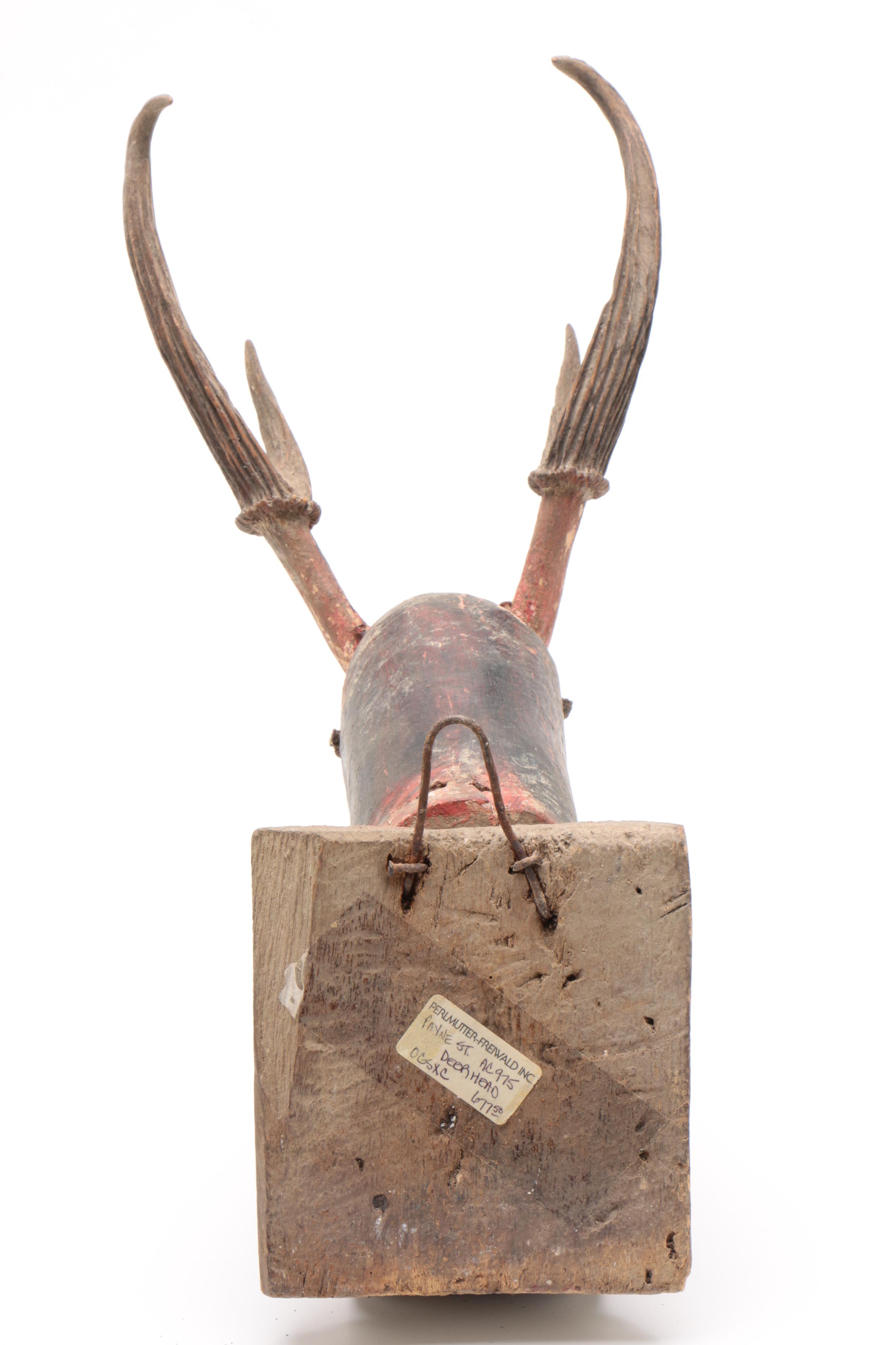 American Folk Art Carved Wood Deer Head with Applied Antlers