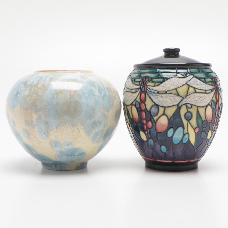 Moorcroft Ceramic Dragonfly Lidded Jar and Smyth Crystalline Glazed Jar