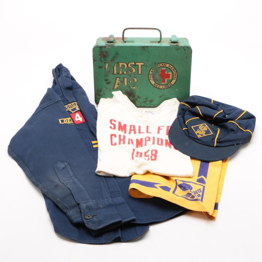 Cub Scout Apparel, Children's T-Shirt, and Metal First Aid Kit, Mid-20th Century