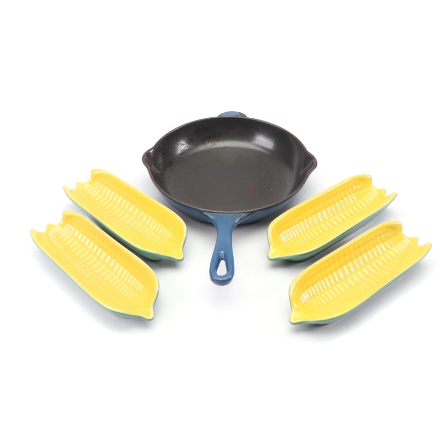 Le Creuset Cast Iron Skillet with Corn Serving Dishes