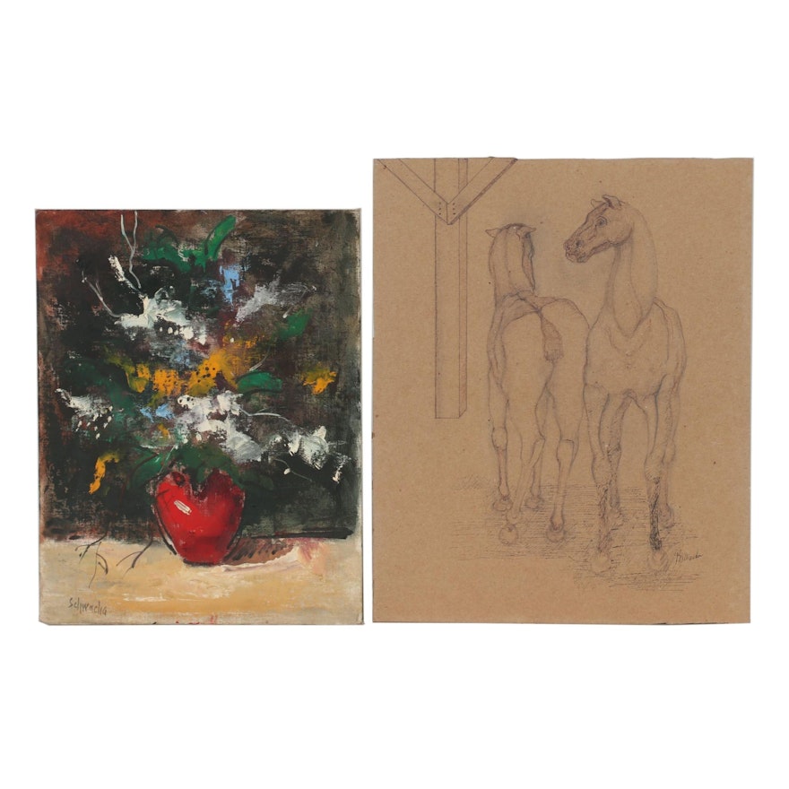 George Schwacha Still Life Oil Painting and Graphite and Ink Sketch of Horses