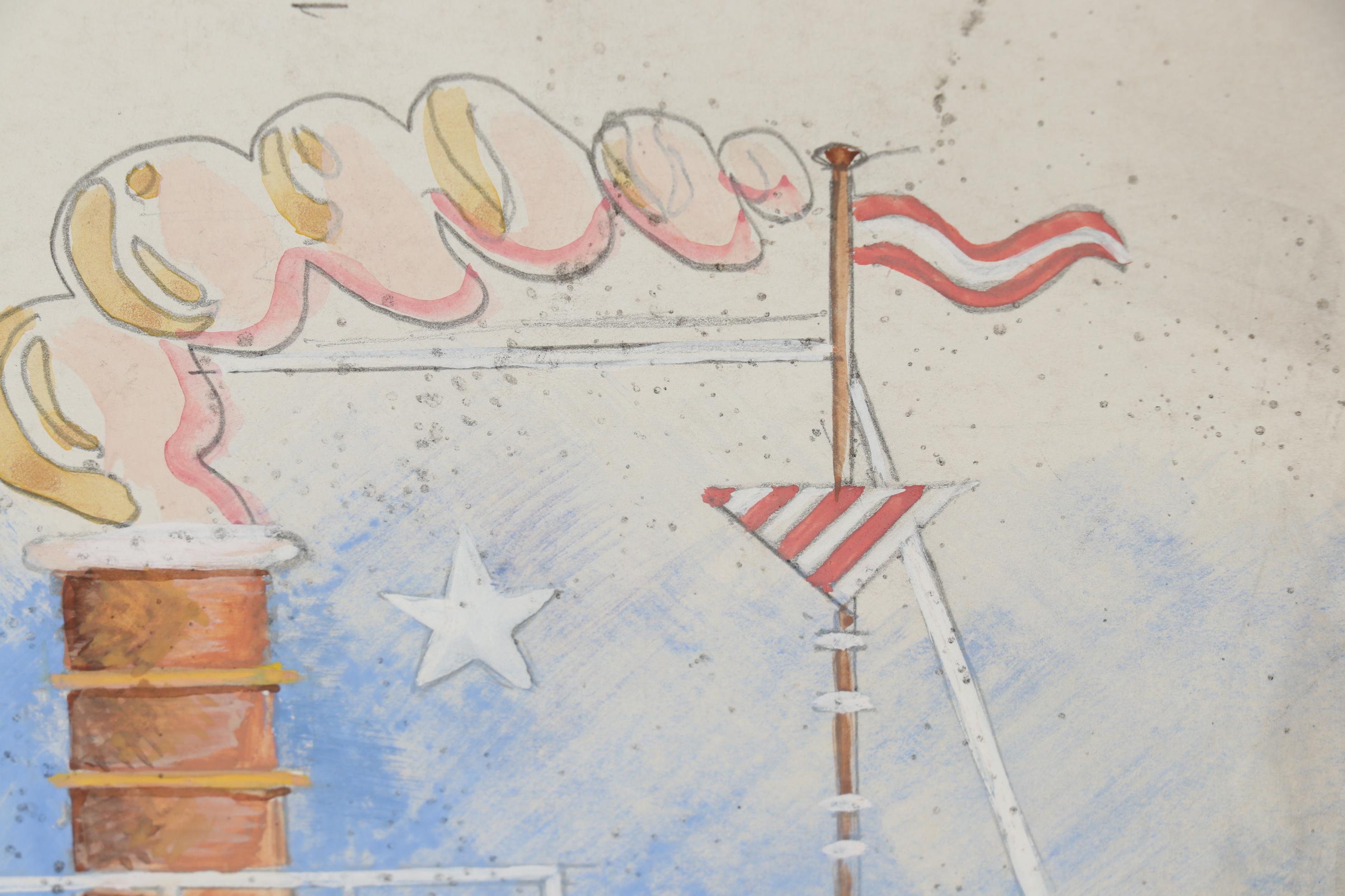 Late 20th Century Gouache Painting Attributed to Edgar Yaeger