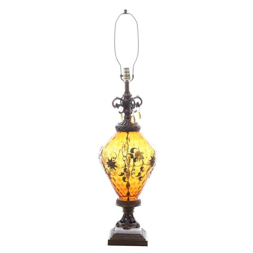 Amber Glass Table Lamp with Glass Prisms, Late 20th Century