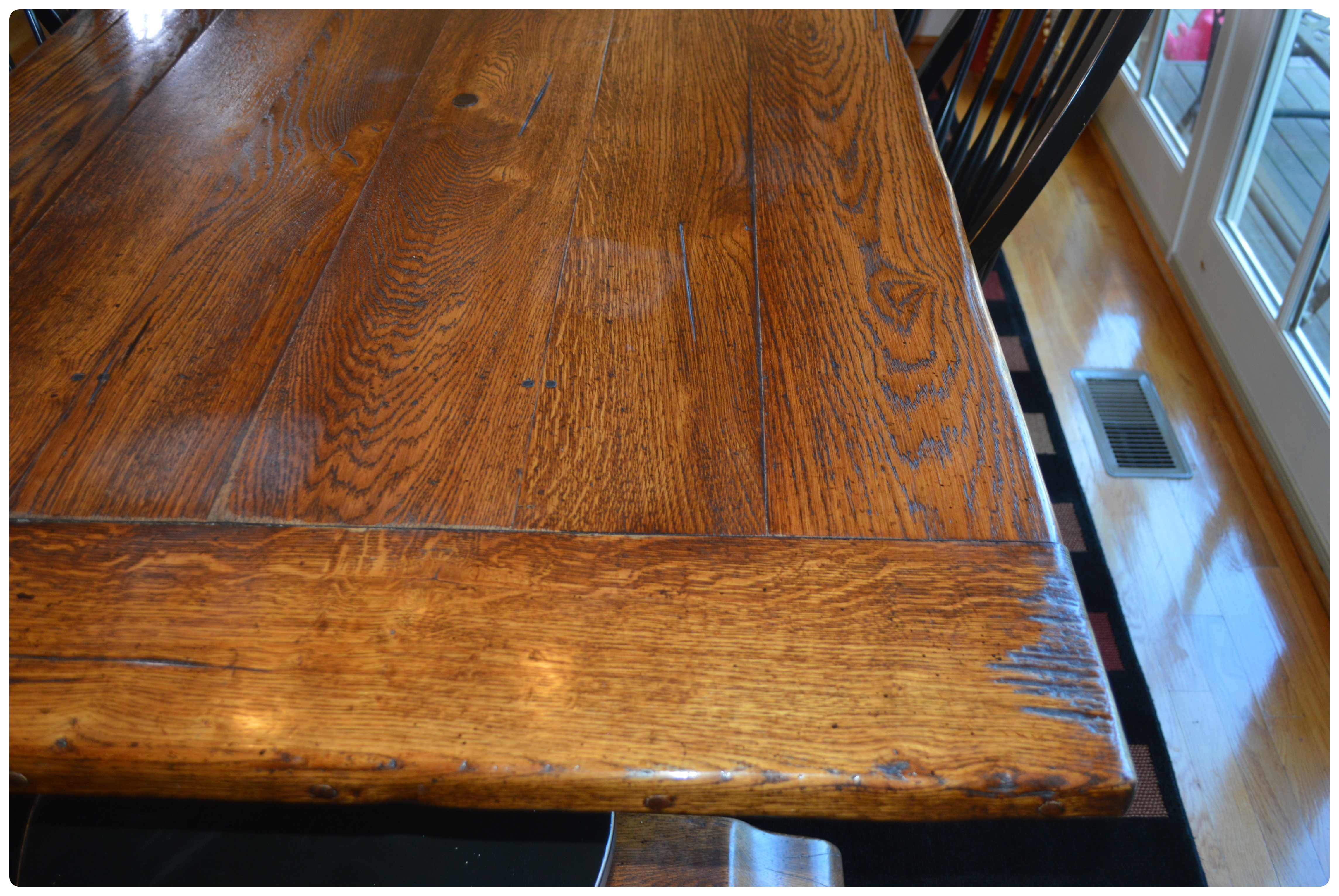 Oak Trestle Dining Table and Six Windsor Style Chairs, Contemporary