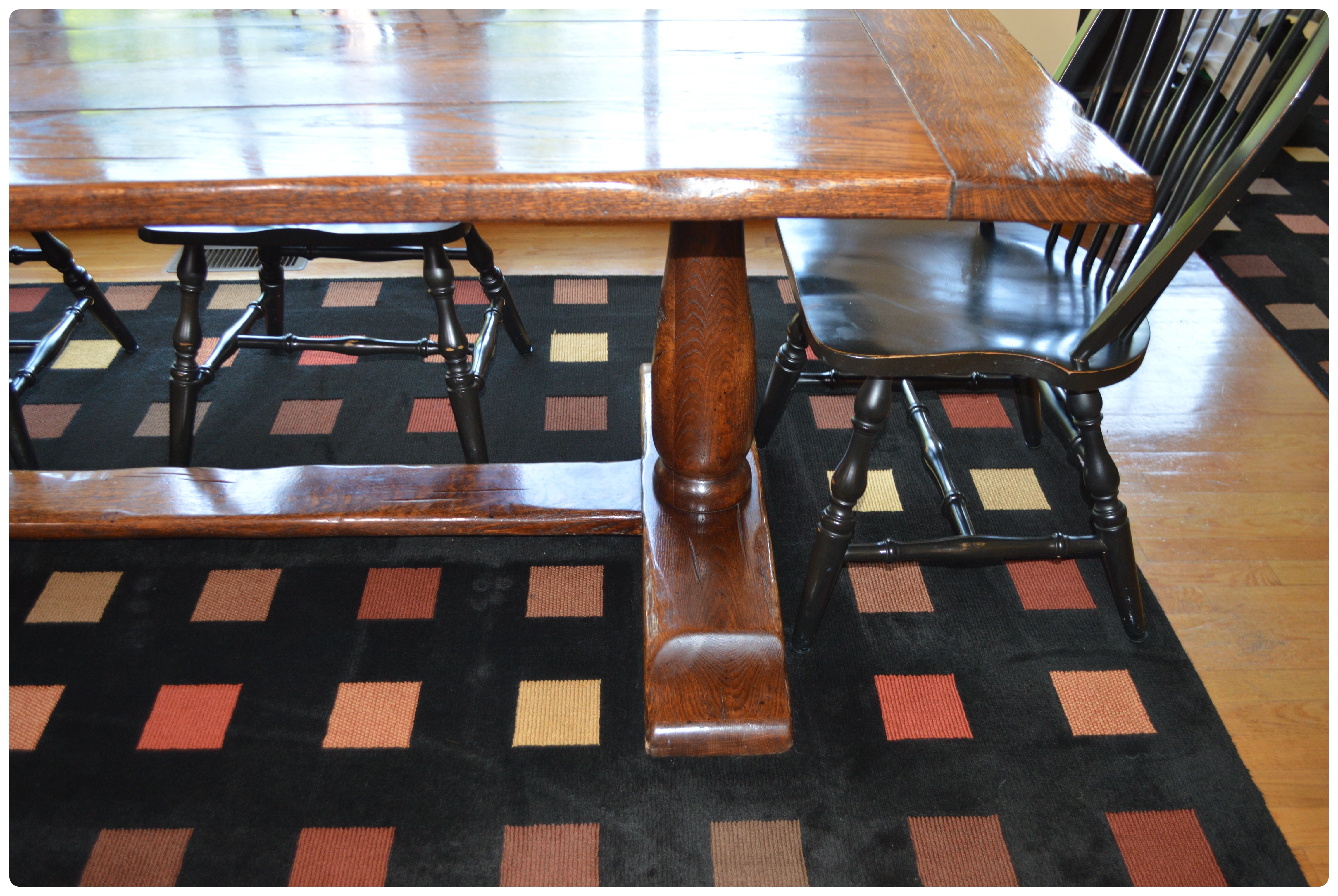 Oak Trestle Dining Table and Six Windsor Style Chairs, Contemporary