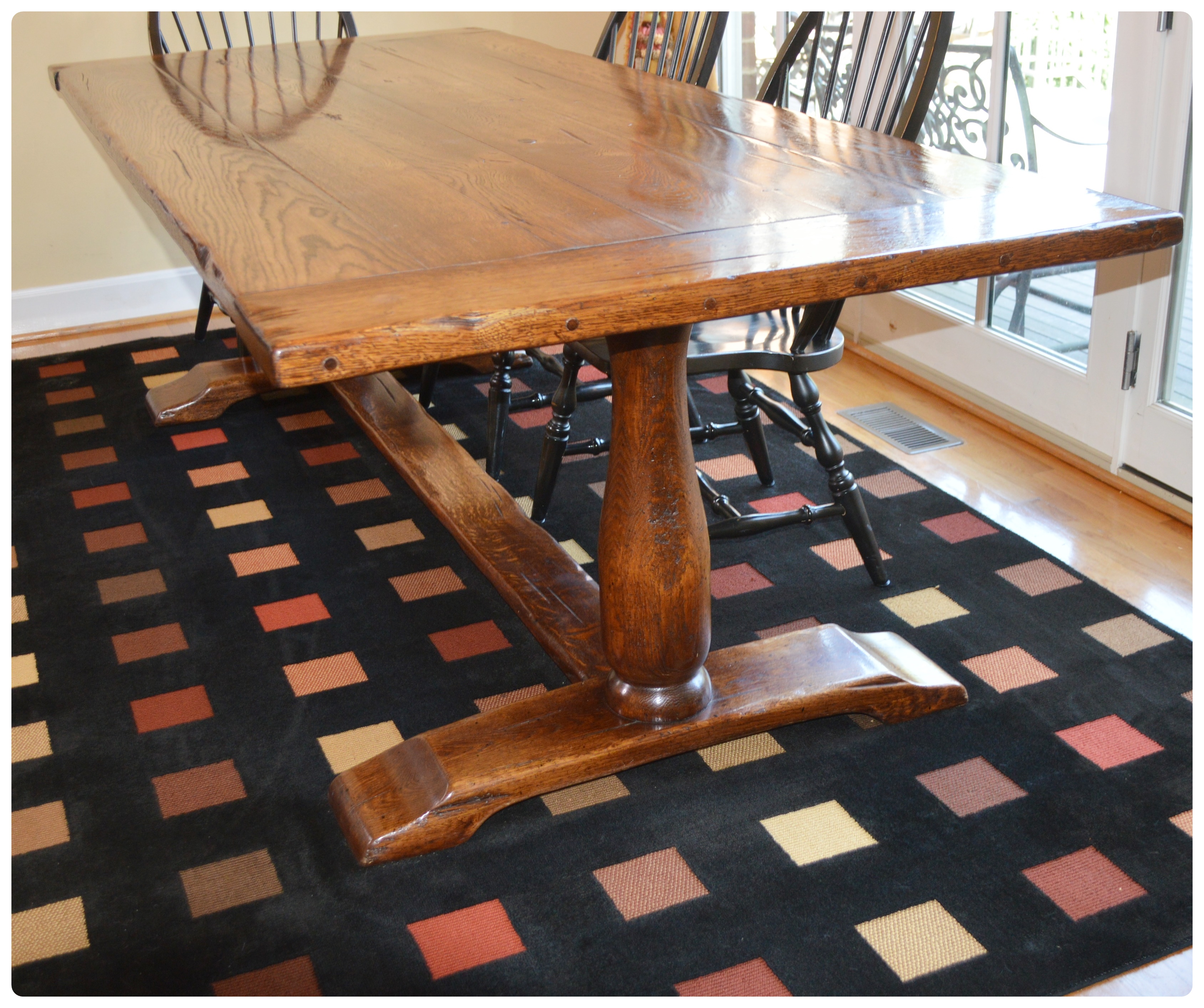 Oak Trestle Dining Table and Six Windsor Style Chairs, Contemporary