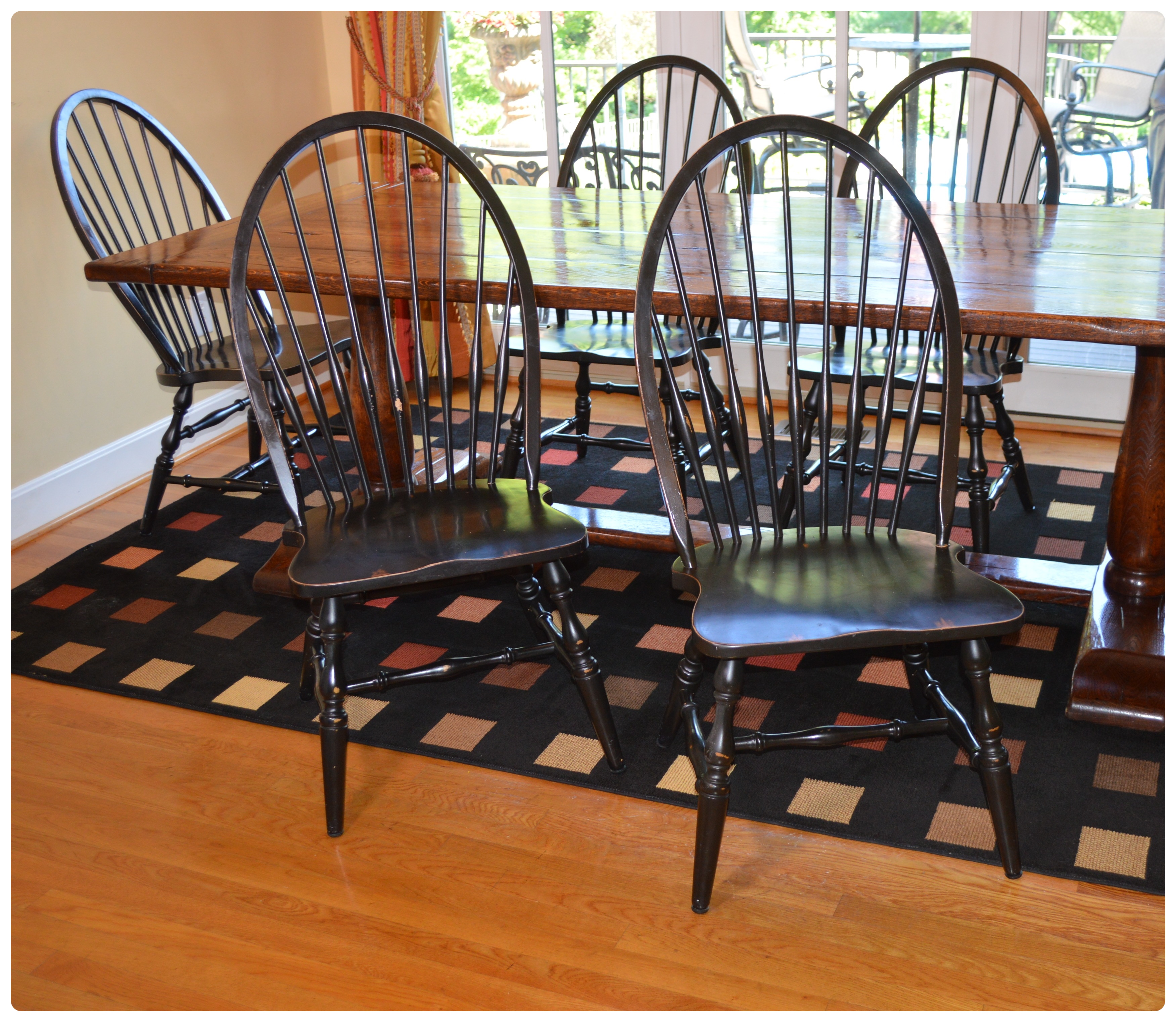 Oak Trestle Dining Table and Six Windsor Style Chairs, Contemporary