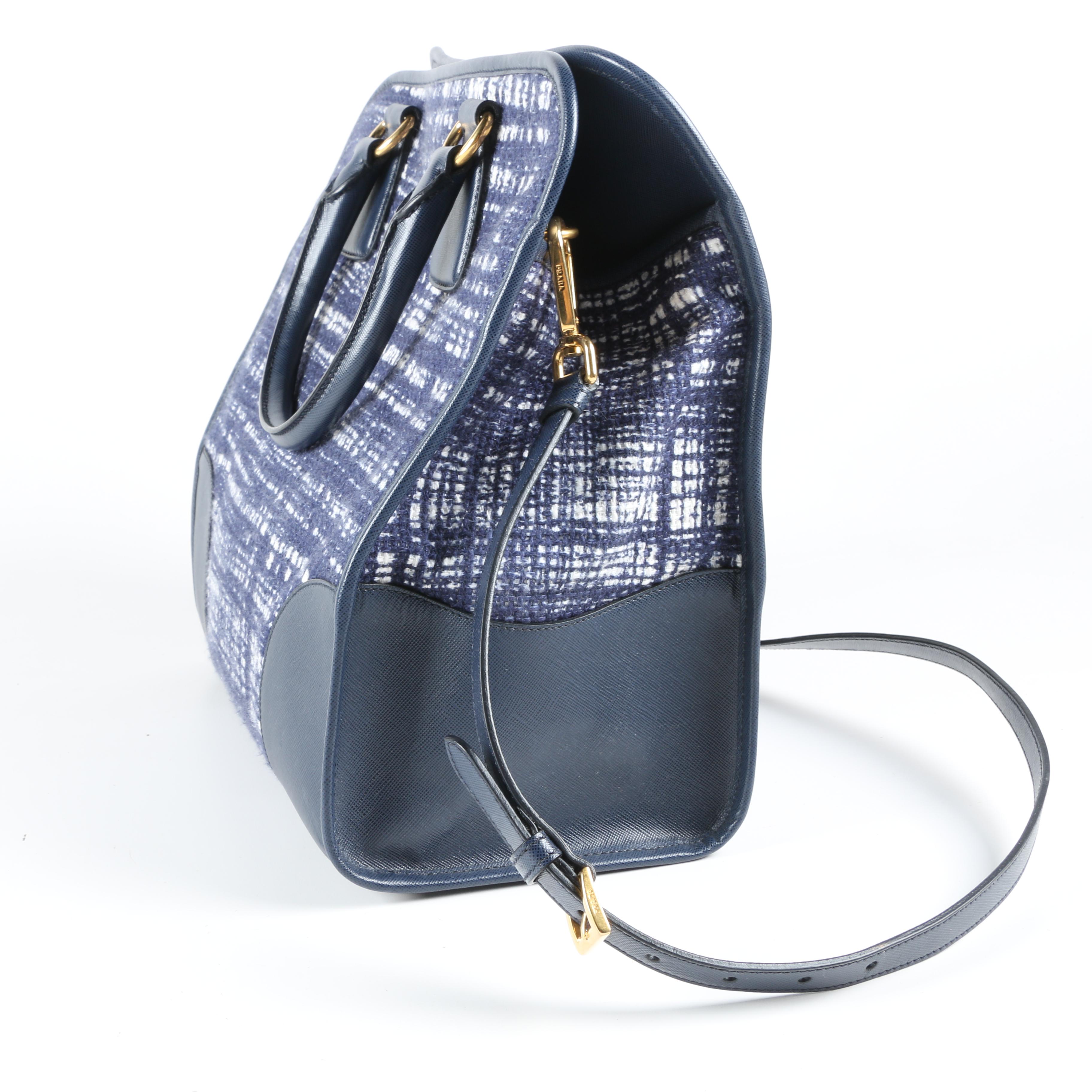 Prada Navy Tela Tweed and Saffiano Leather Tote Shoulder Bag