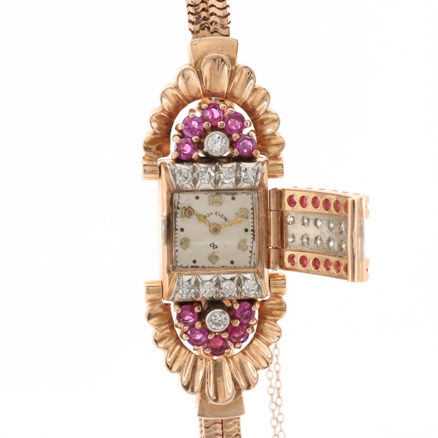 Lady Elgin 14K Rose Gold Stem Wind Wristwatch With Diamonds and Rubies