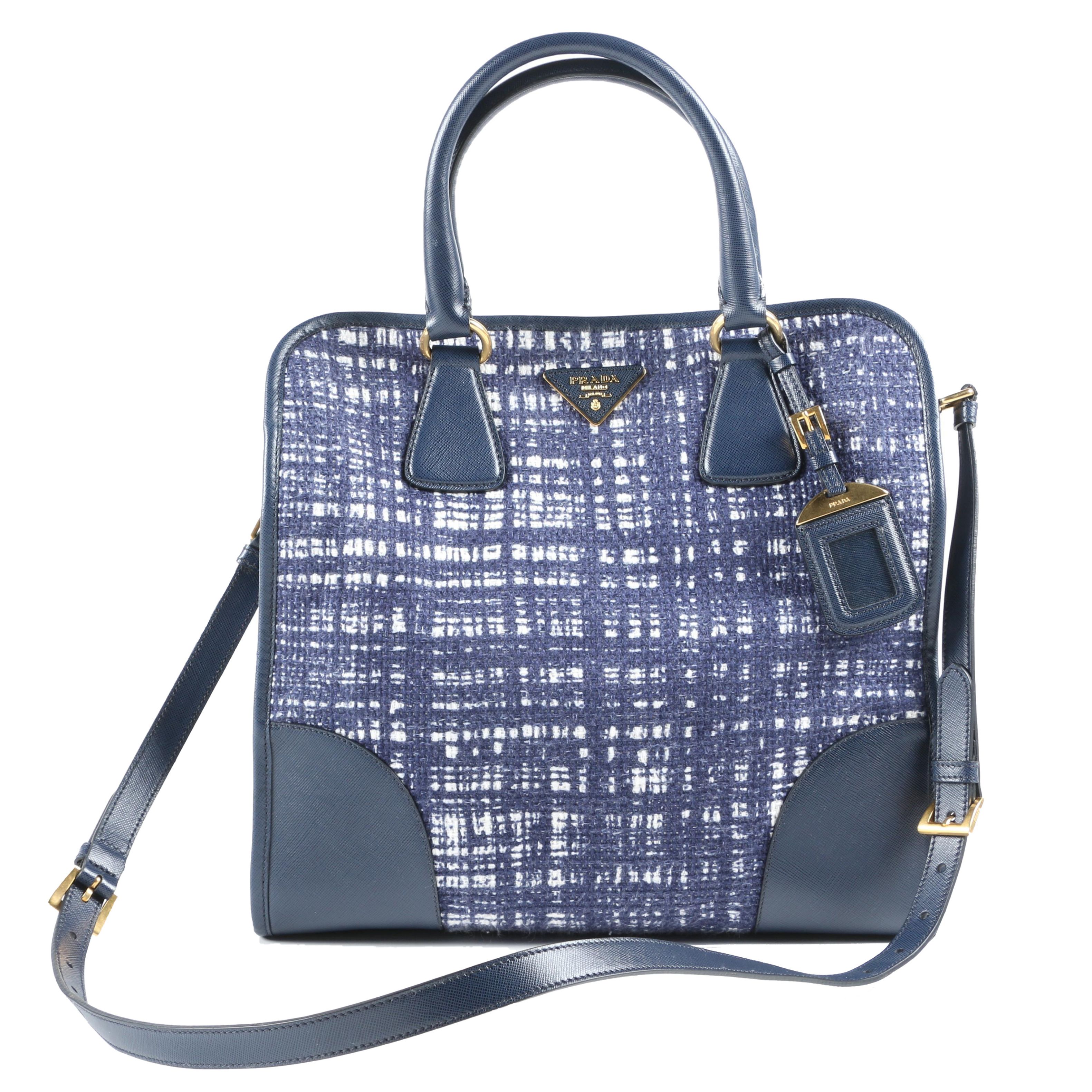 Prada Navy Tela Tweed and Saffiano Leather Tote Shoulder Bag