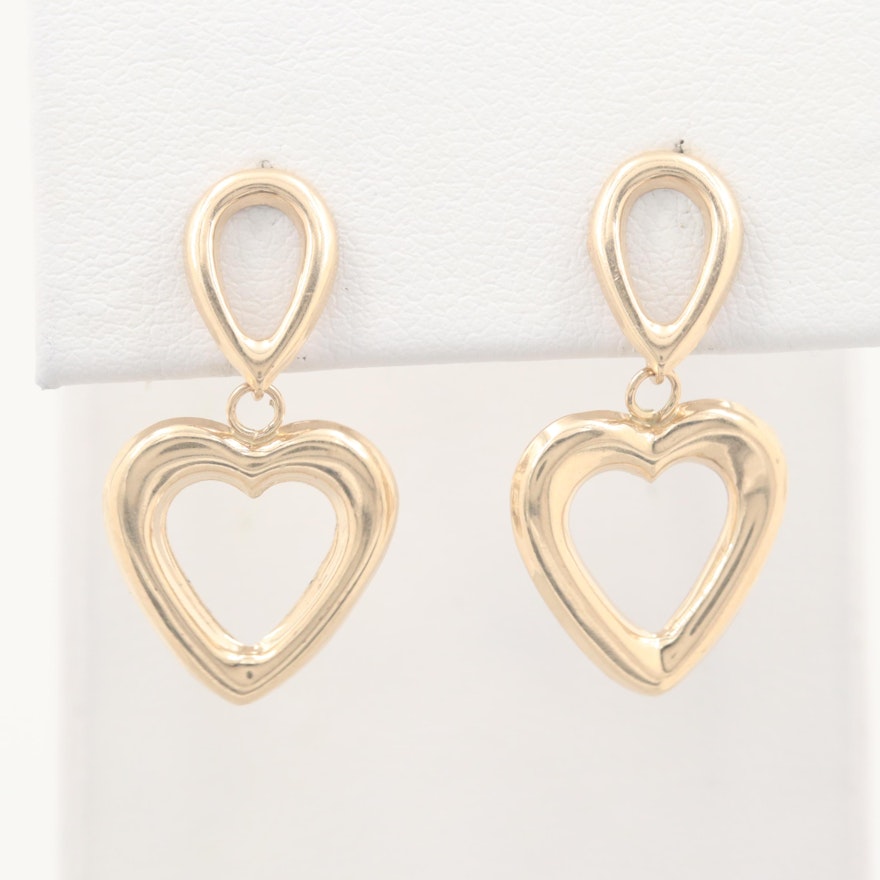 14K Yellow Gold Heart Dangle Earrings